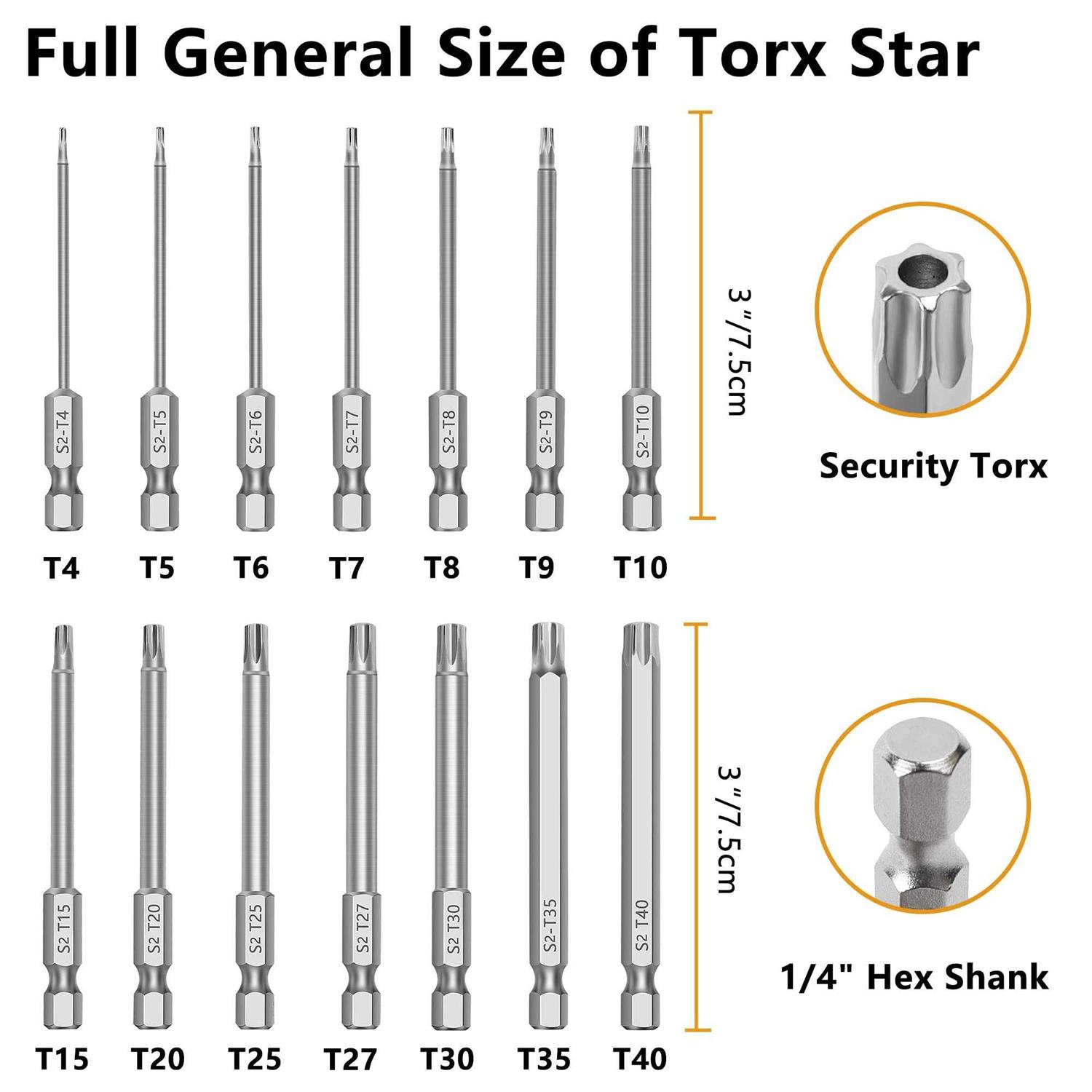 MulWark 14pc Security Torx Bit Set 3 Long Tamper Proof Star Screwdriver Bit Set 1/4 Hex Shank S2 Steel T4 - Image 5
