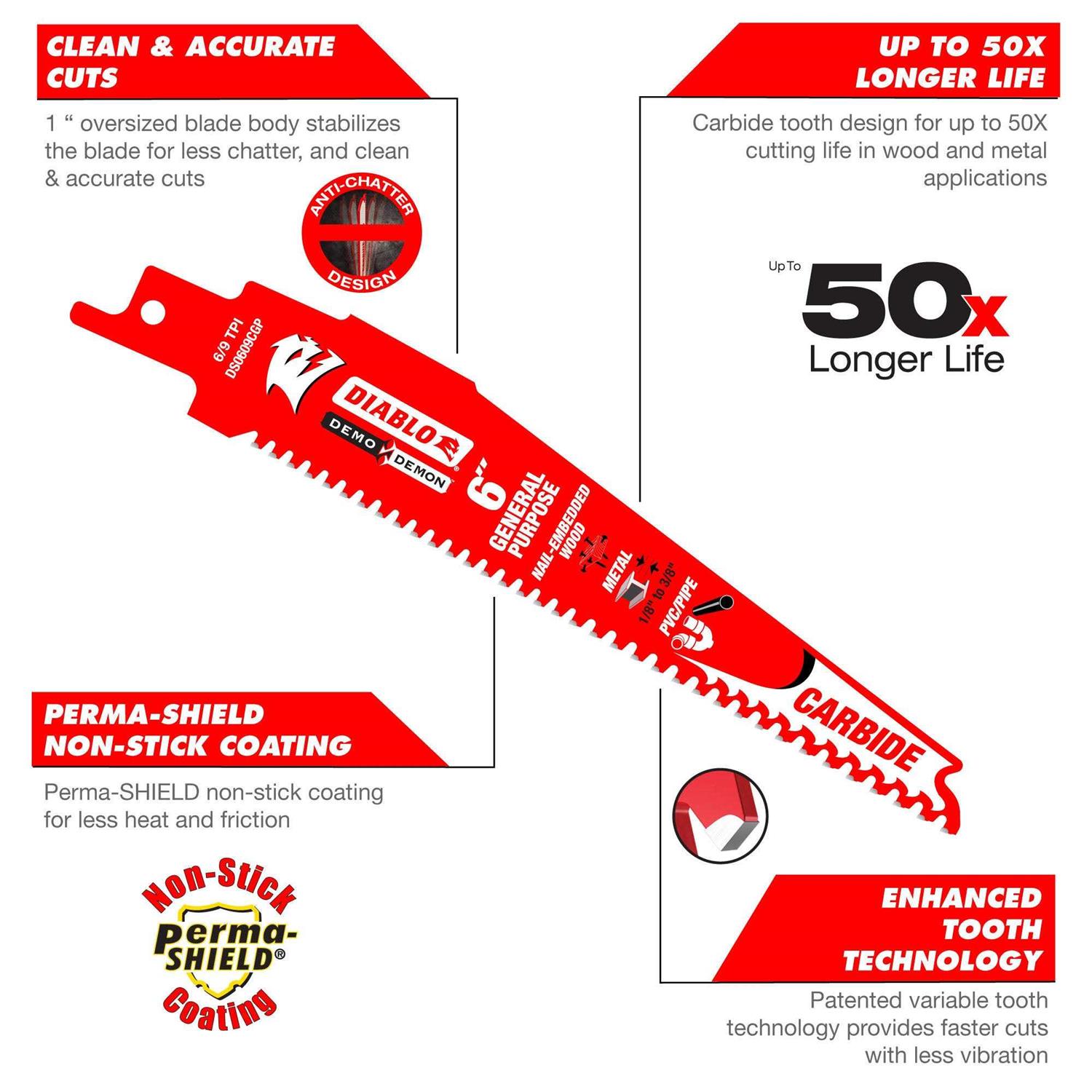 Diablo DS0909CGP3 Demo Demon Carbide General Purpose Recip Saw Blade - Image 3