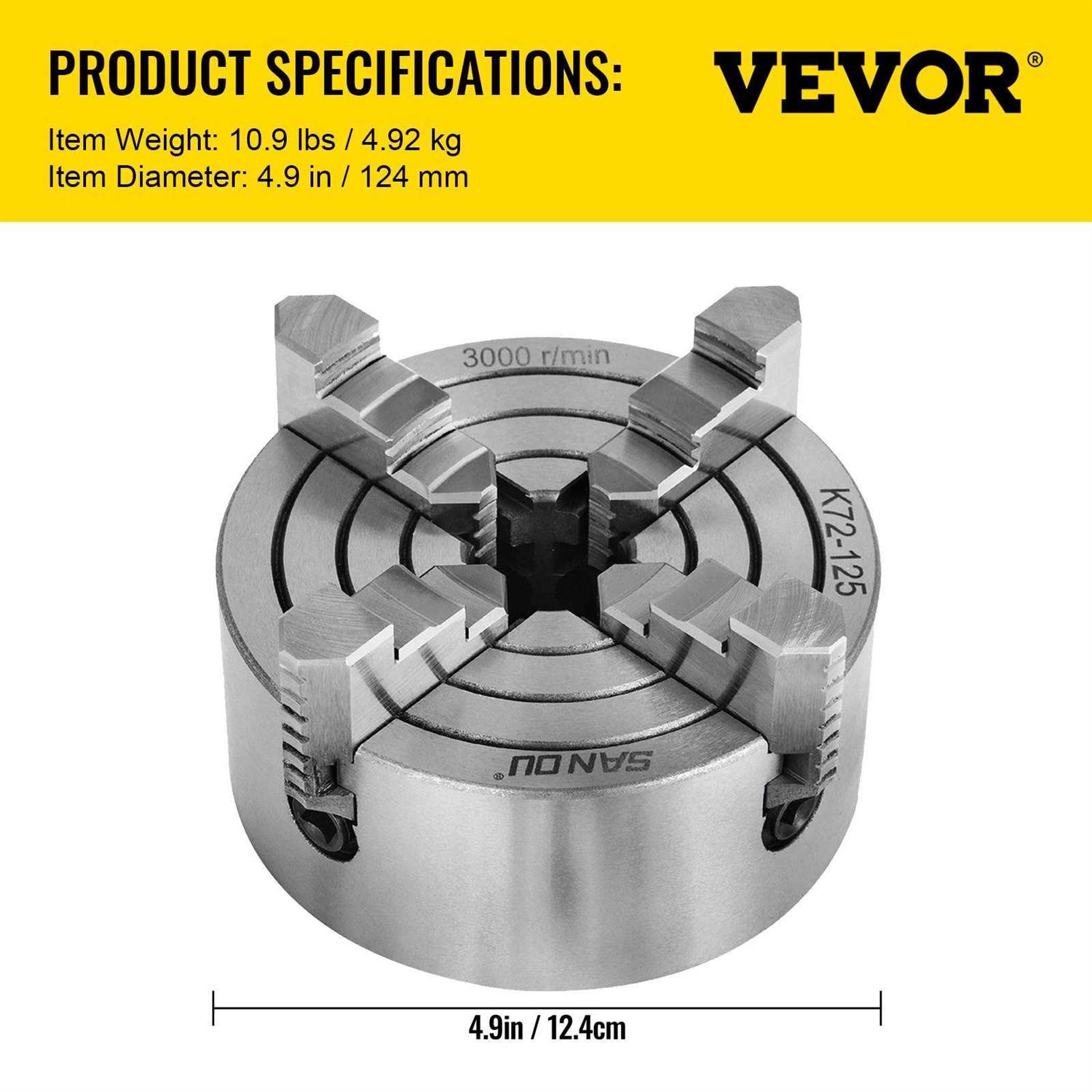 VEVOR K72-125 Lathe Chuck 5 inch 4-Jaw,Lathe Chuck Independent Reversible Jaw,Metal Lathe Chuck Turning Machine Accessories,for - Image 5