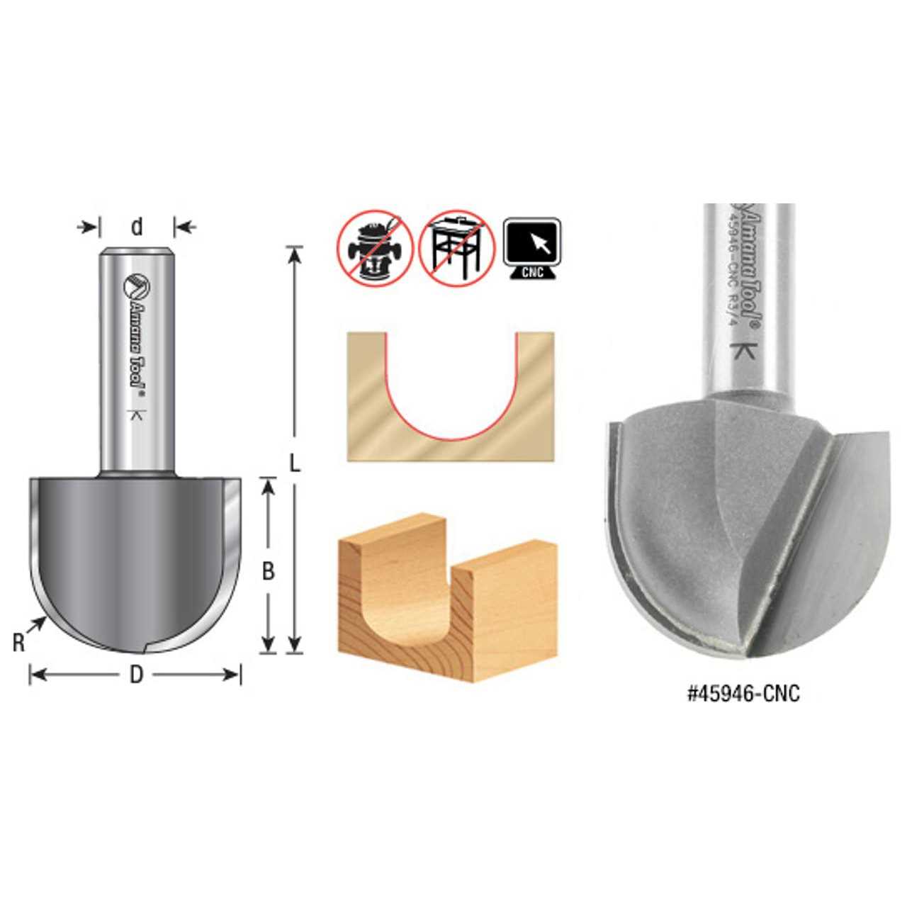 Amana Tool 45948-CNC Carbide Tipped Core Box 1 Inch R x 2 Inch D x 1-1/4 CH x 1/2 SHK CNC Router Bit - Image 4