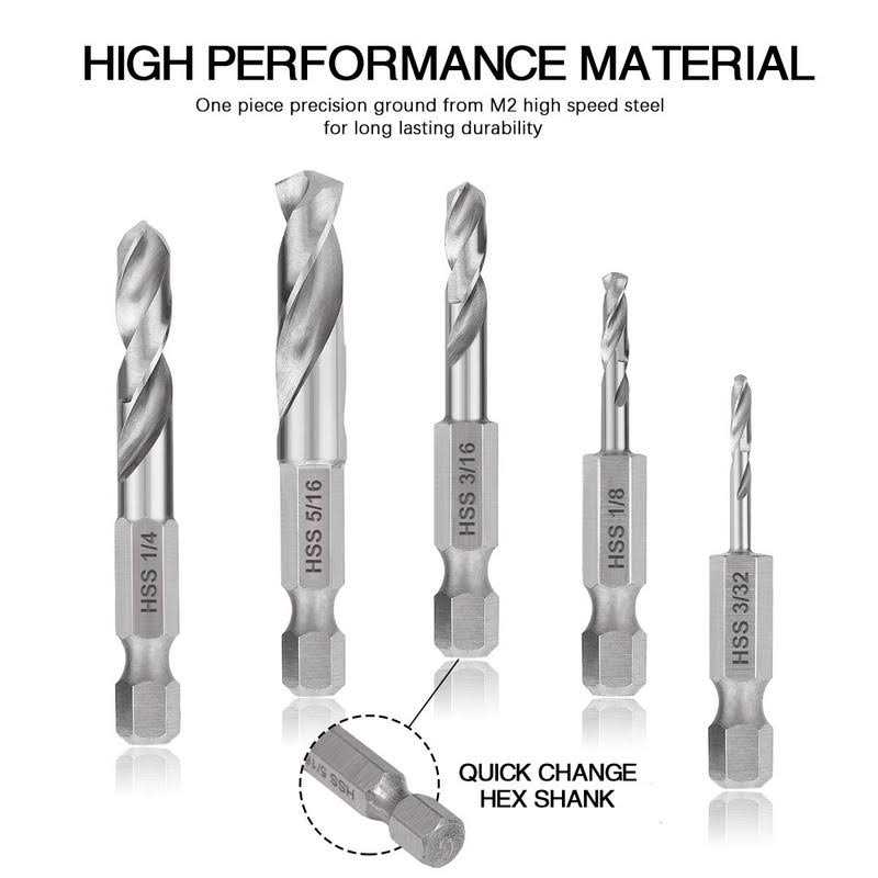 COMOWARE Stubby Drill Bit Set for Metal 5pcs HSS M2 Short Length Drill Bit with 1/4-Inch Quick Change Hex Shank - Image 3