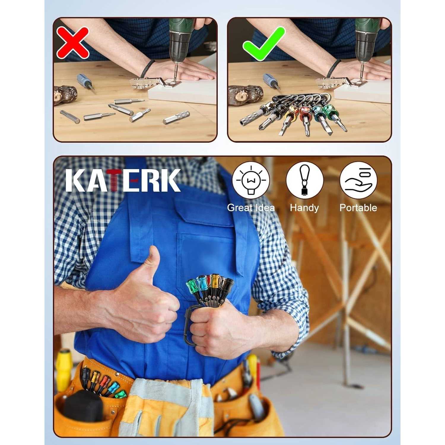 Push to Unlock,katerk 6pcs 1/4 inch Hex Shank Aluminum Alloy Screwdriver Bits Holder Light-Weight Quick-Change Extension Bar Keychain Drill Screw - Image 4