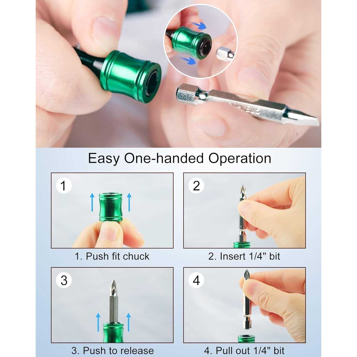 Push to Unlock,katerk 6pcs 1/4 inch Hex Shank Aluminum Alloy Screwdriver Bits Holder Light-Weight Quick-Change Extension Bar Keychain Drill Screw - Image 5