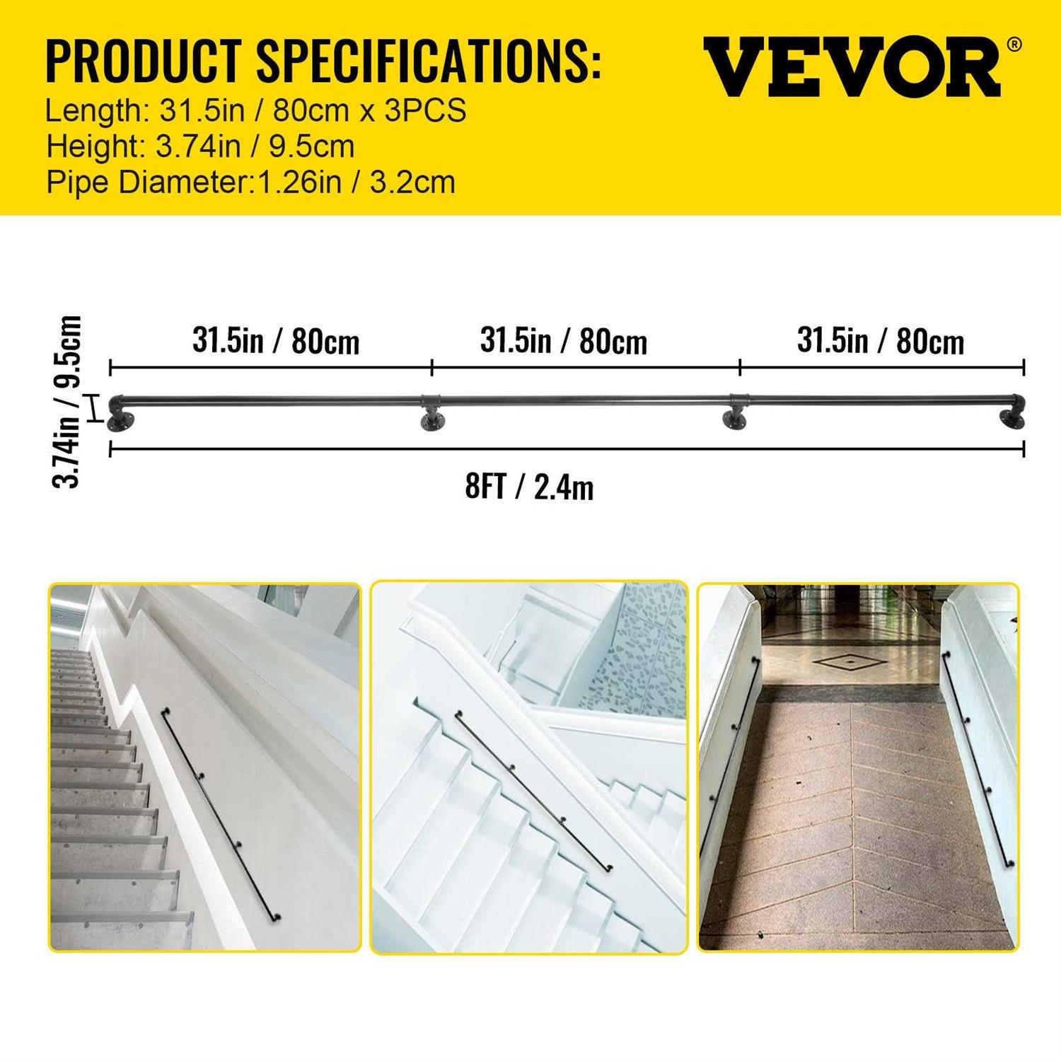 VEVOR Pipe Stair Handrail Staircase Handrail 440LBS Load Capacity Carbon Steel Pipe Handrail - Image 4