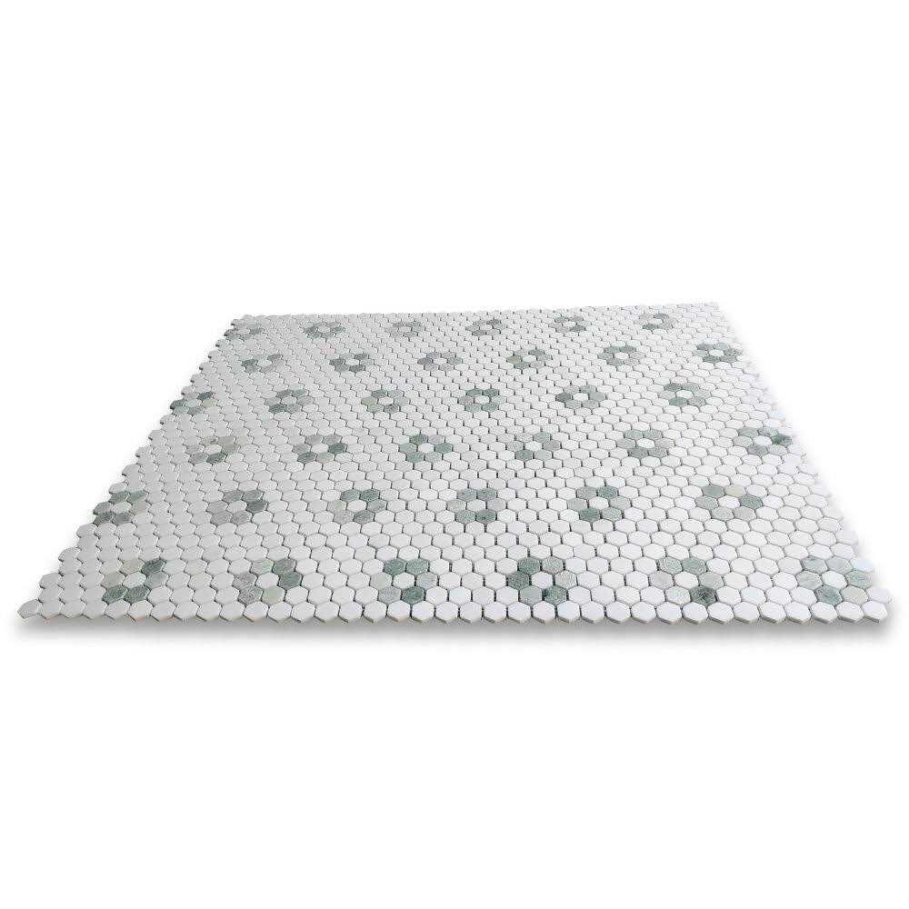 Marble Online Ming Green Thassos White Rosette Marble Hexagon Mosaic Tile