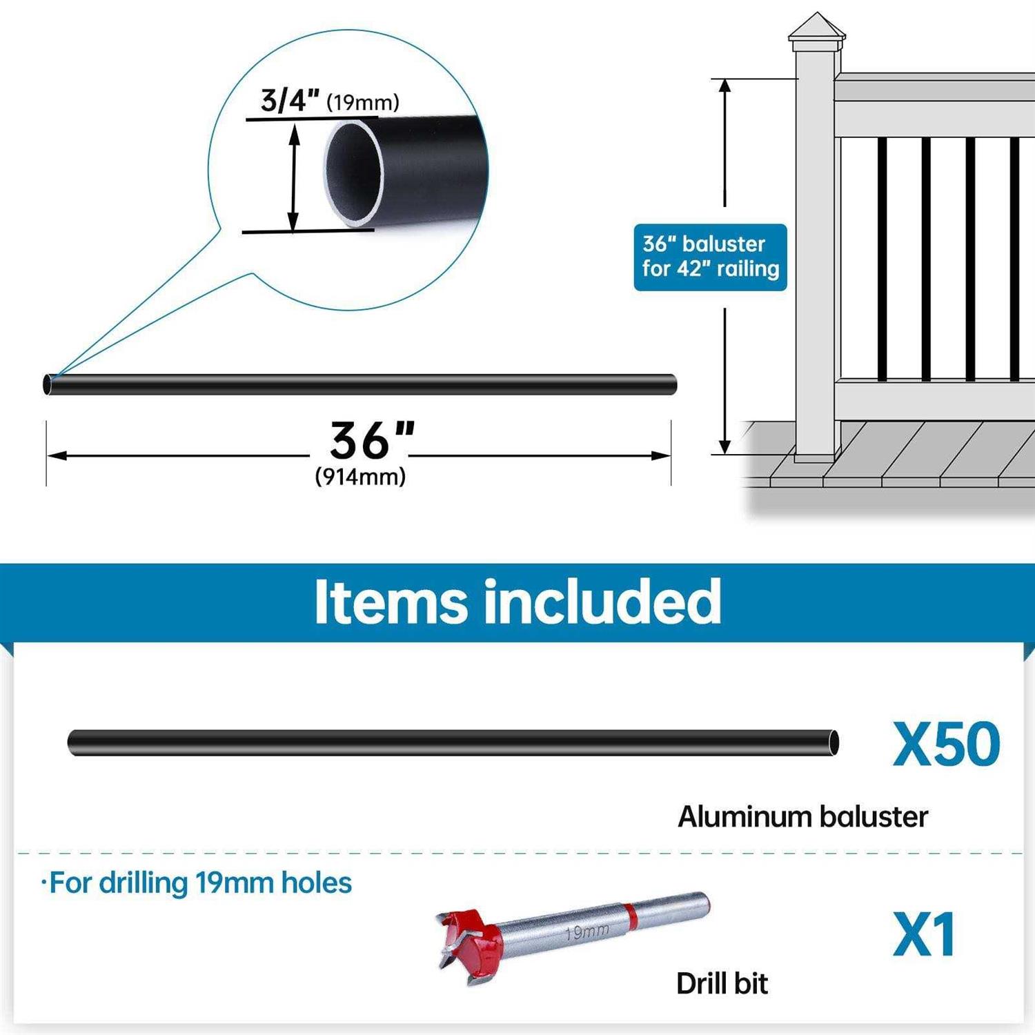 Muzata 36 Aluminum Deck Balusters Round Black Deck Railing Stair Porch Staircase Spindles 3/4 Diameter Hollow for Wood and Composite Deck