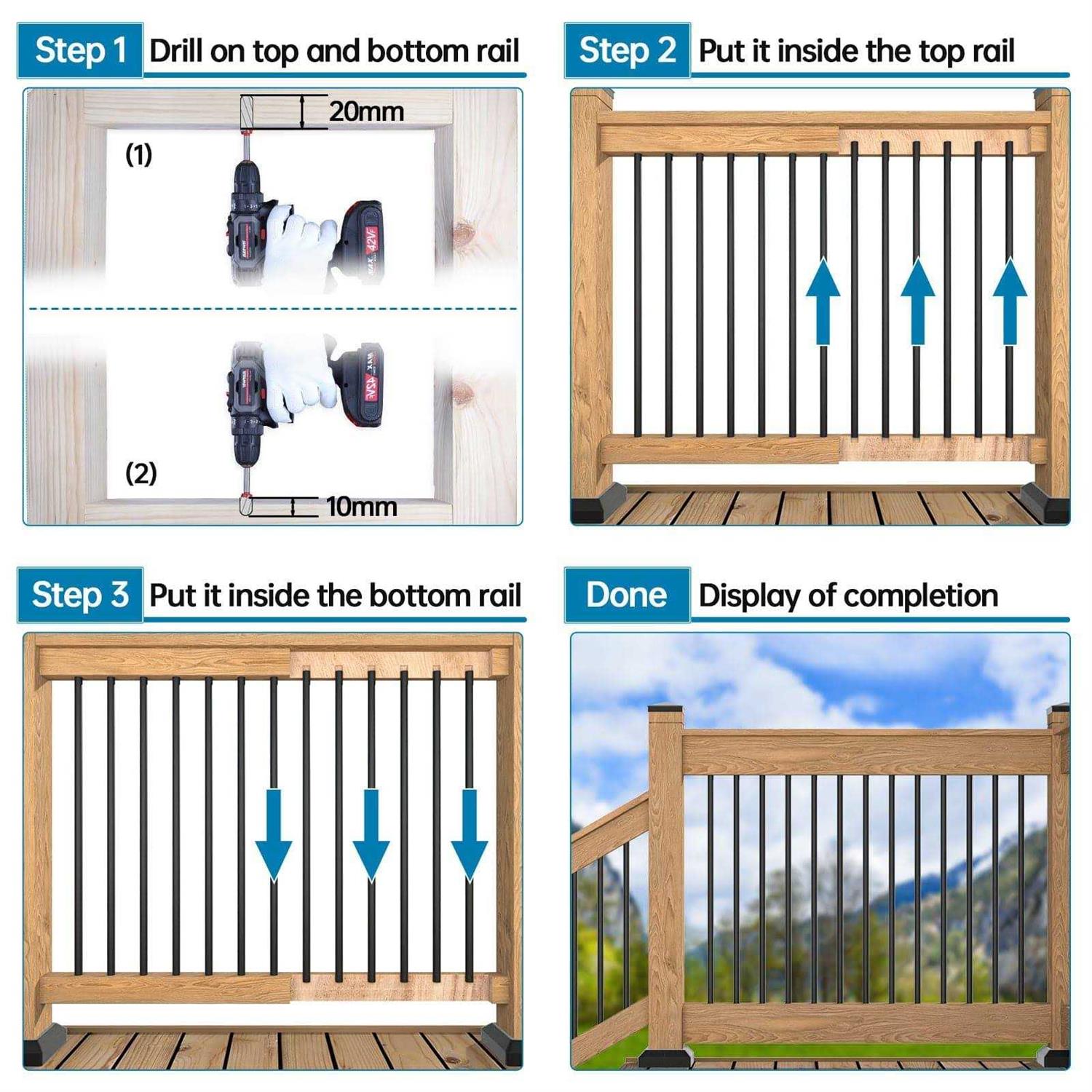 Muzata 36 Aluminum Deck Balusters Round Black Deck Railing Stair Porch Staircase Spindles 3/4 Diameter Hollow for Wood and Composite Deck - Image 4