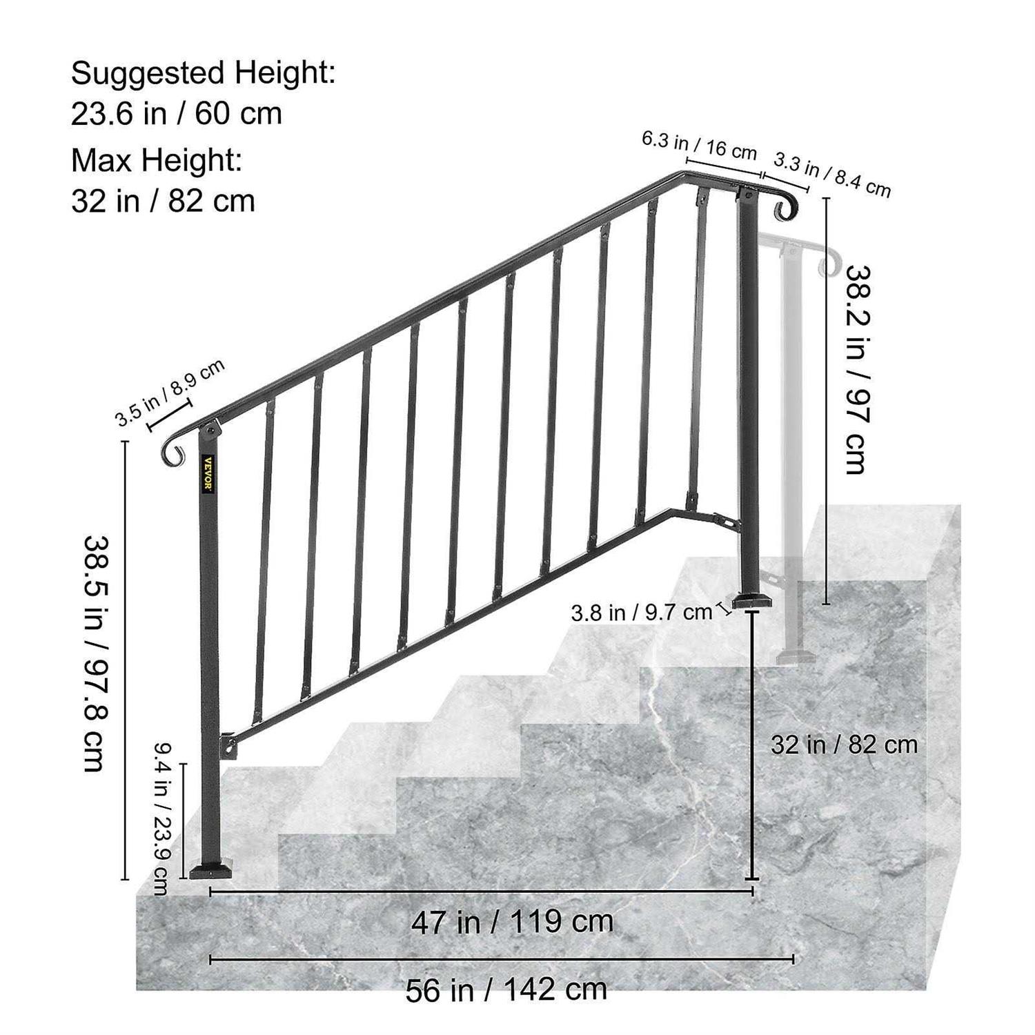 VEVOR Handrail Picket #4 Fits 4 or 5 Steps Matte Black Stair Rail Wrought Iron Handrail with Installation Kit Hand Rails for Outdoor Steps - Image 4