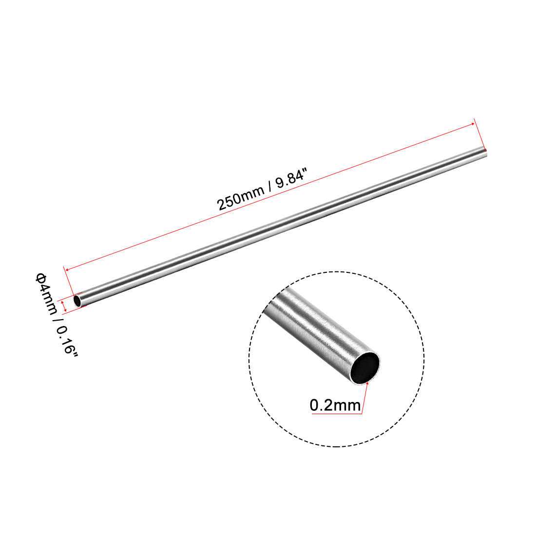 Uxcell 304 Stainless Steel Round Tubing OD Wall Thickness 250mm Length Seamless Straight Pipe Tube - Image 3