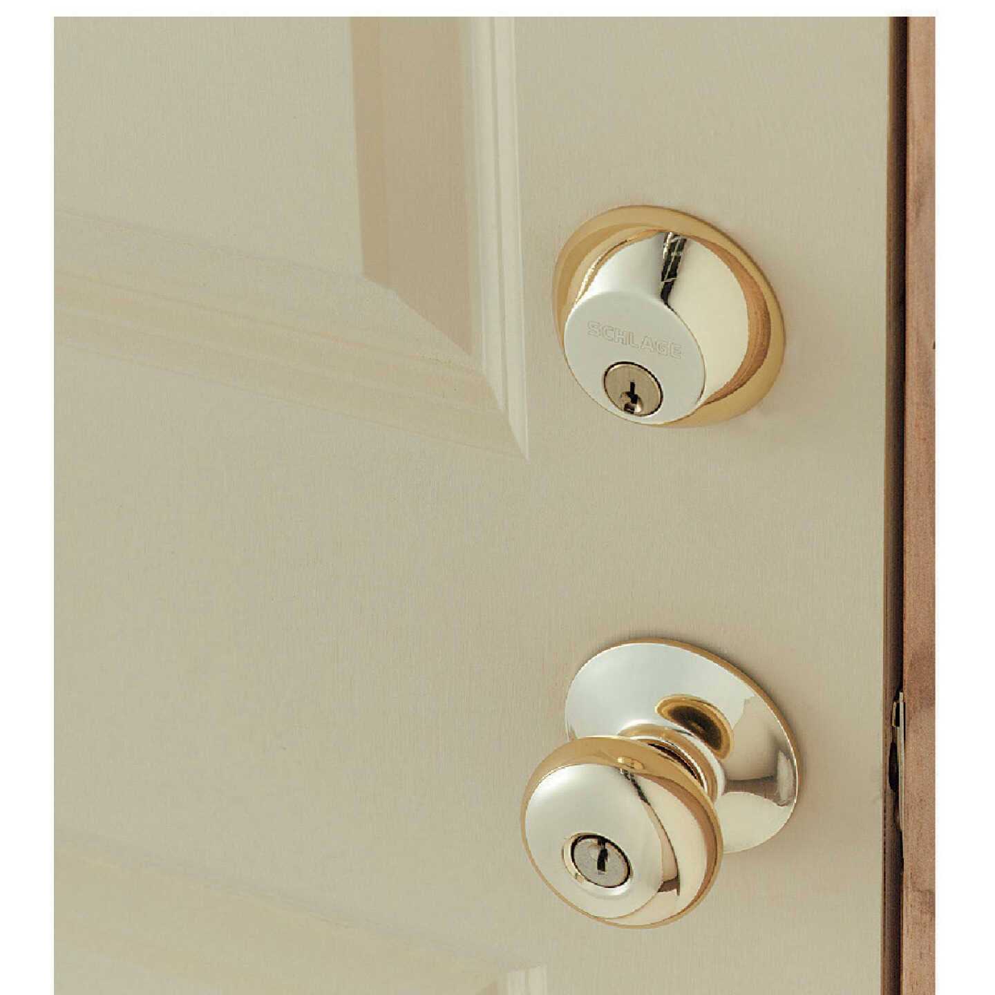 Schlage Bright Brass Single Cylinder Deadbolt and Plymouth Keyed Entry Knob - Image 2