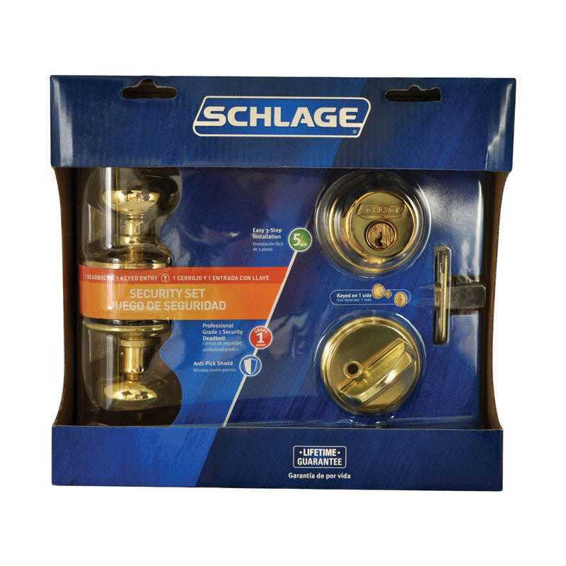 Schlage Bright Brass Single Cylinder Deadbolt and Plymouth Keyed Entry Knob - Image 3