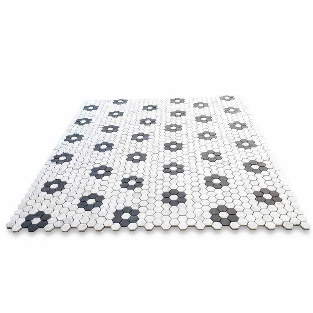 StoneCenterOnline 1 Hexagon Rosette Flower Carrara White Black Marble Mosaic Tile Honed - Image 3