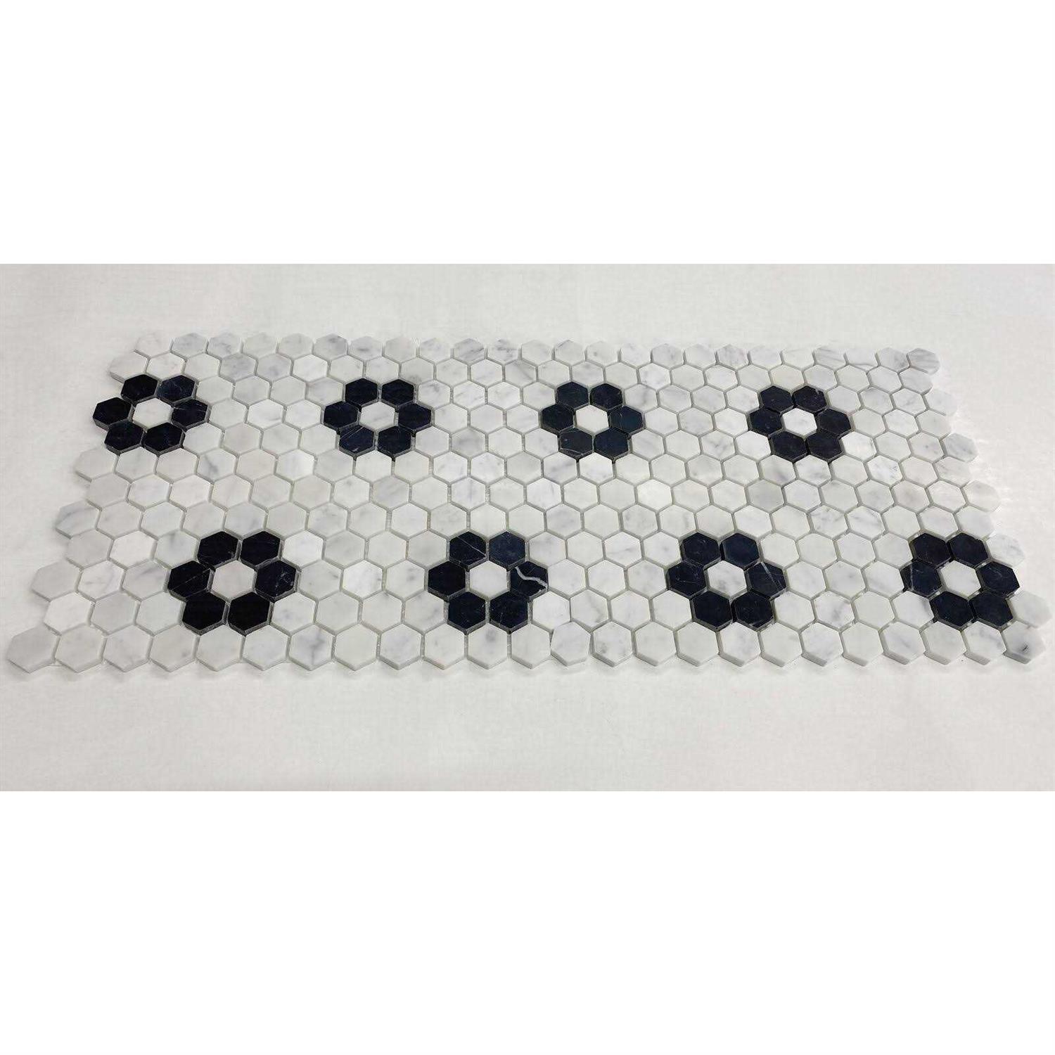 StoneCenterOnline 1 Hexagon Rosette Flower Carrara White Black Marble Mosaic Tile Honed - Image 5
