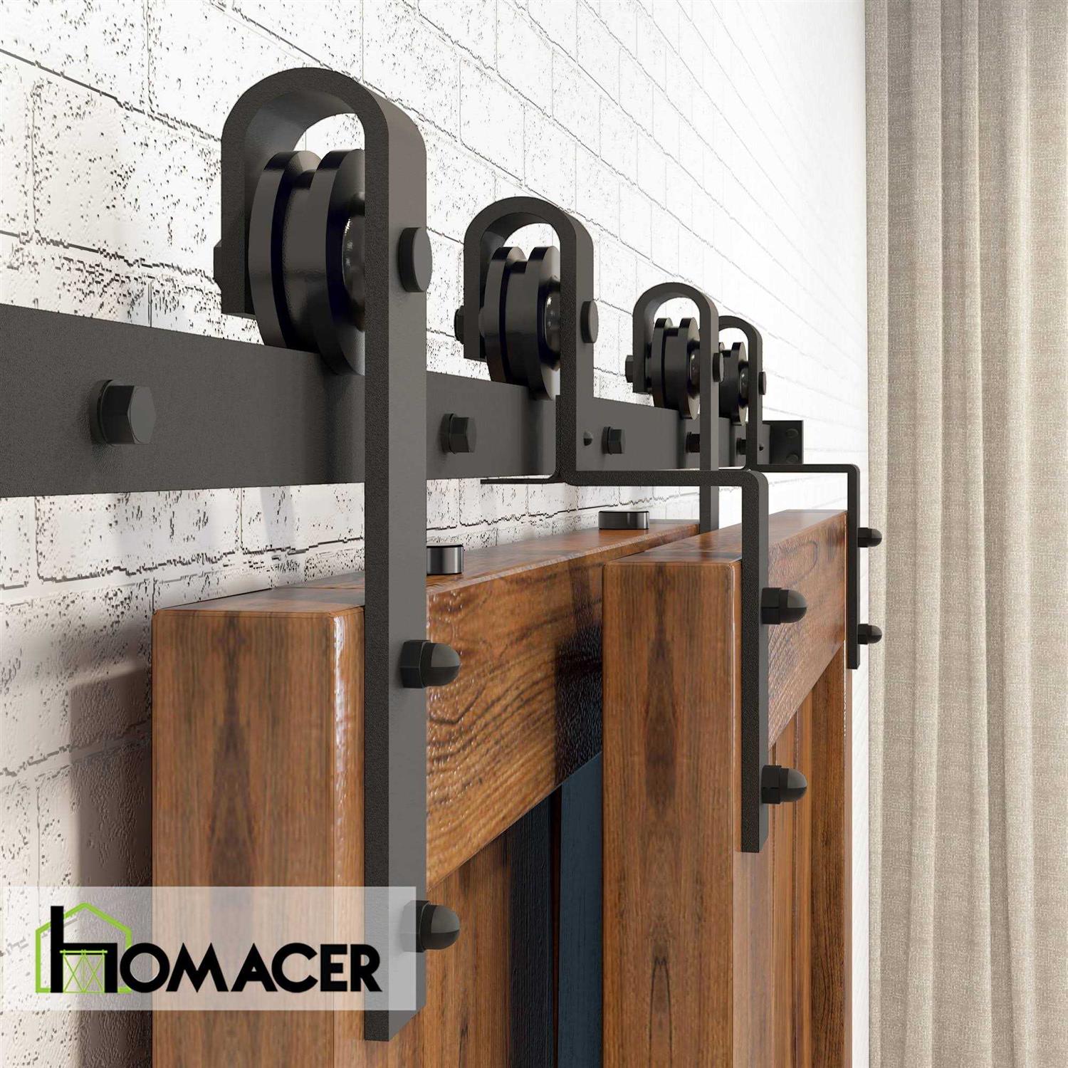 Homacer Black Rustic Single Track Bypass Sliding Barn Door Hardware Kit Straight Design Roller for Double Doors - Image 2