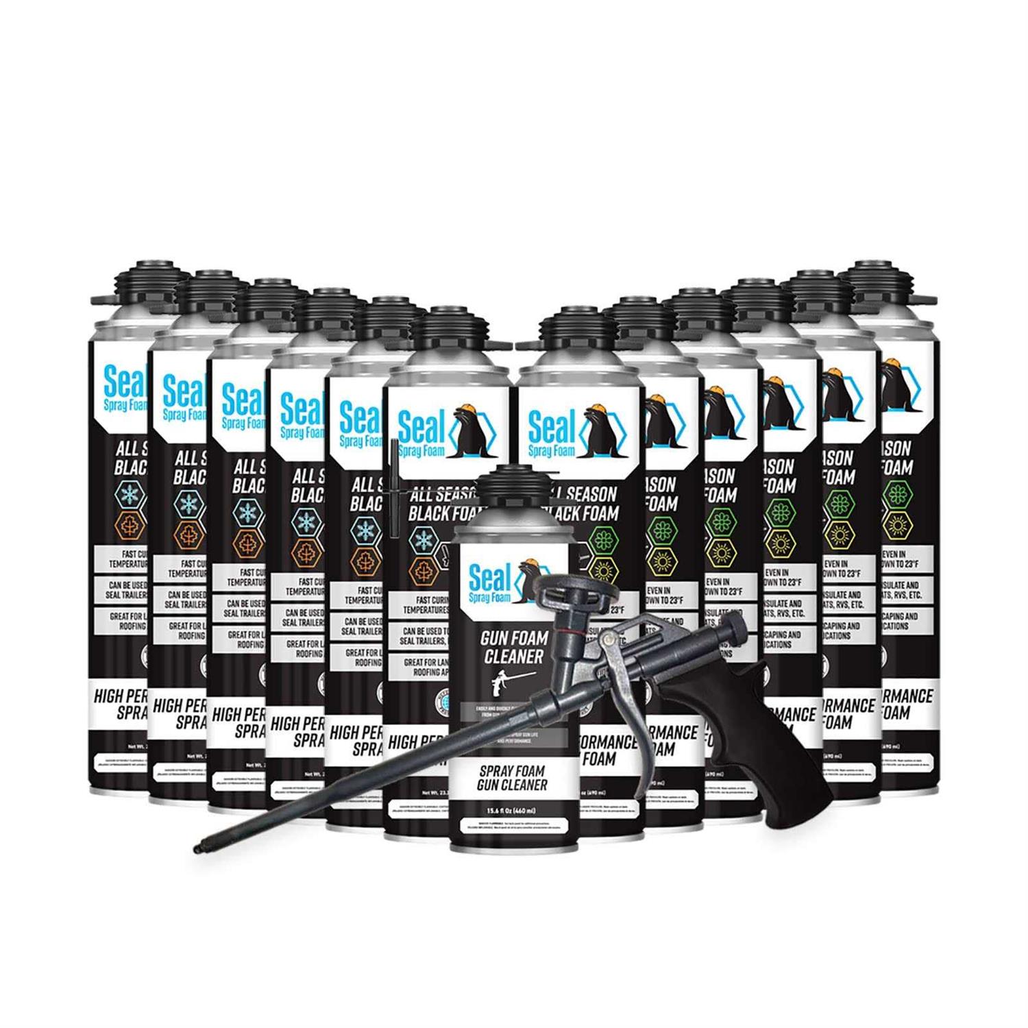 Seal Spray All Season Black Gun Foam 12/23.3 OZ Cans w/15 Gun Foam Applicator and 1 Can of Cleaner