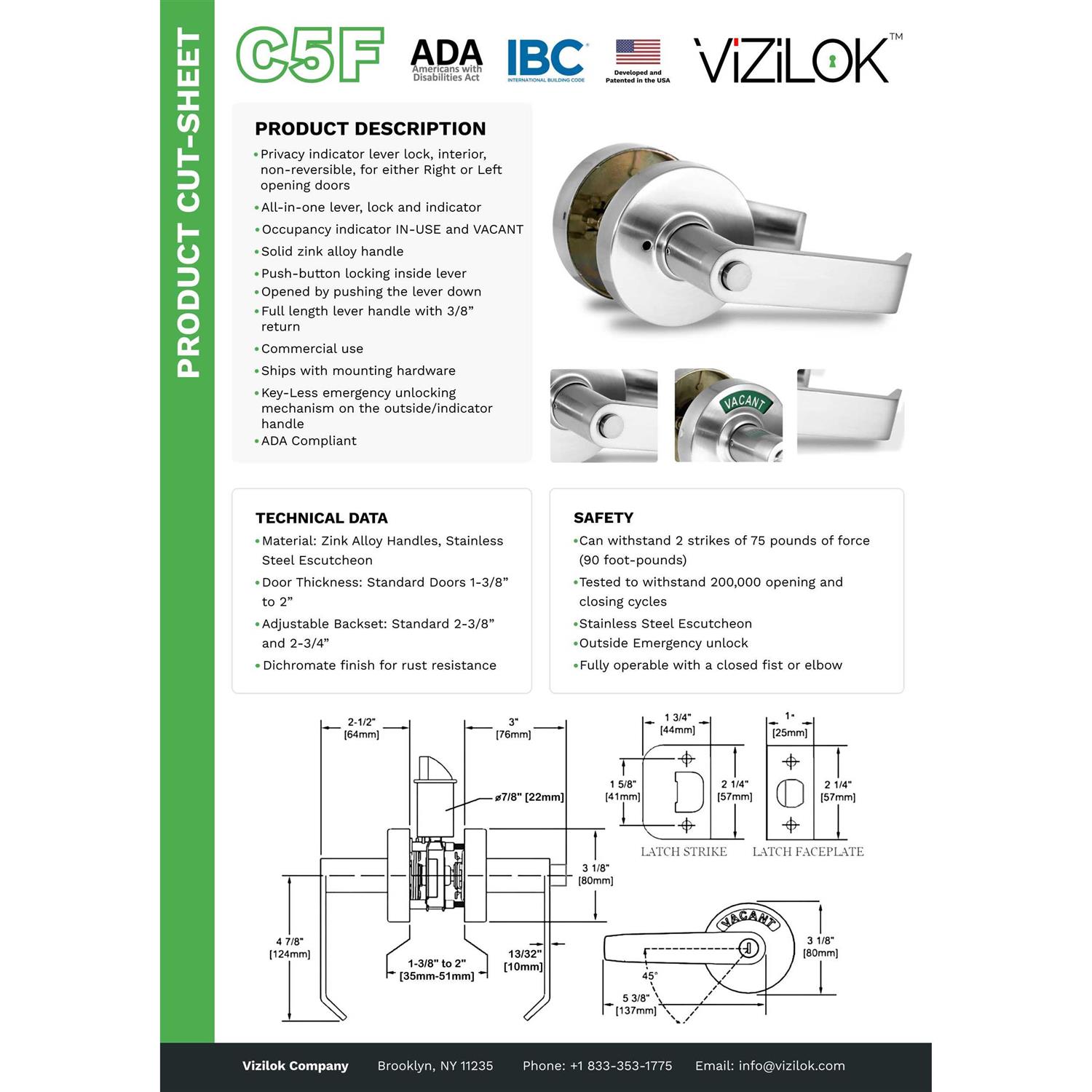 VIZILOK ADA Compliant. Commercial Grade Privacy Indicator Lock and Lever in 26D Satin Chrome Non-Reversible - Image 5