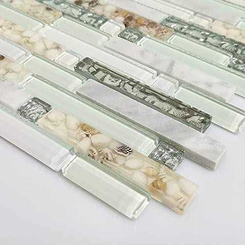 Beach Style Wall Tile Mosaic Kitchen Backsplash Tiles Green Bathroom Silver Glass Conch Stone White Marble Iridescent Mosaic Art Deco Sheets - Image 3