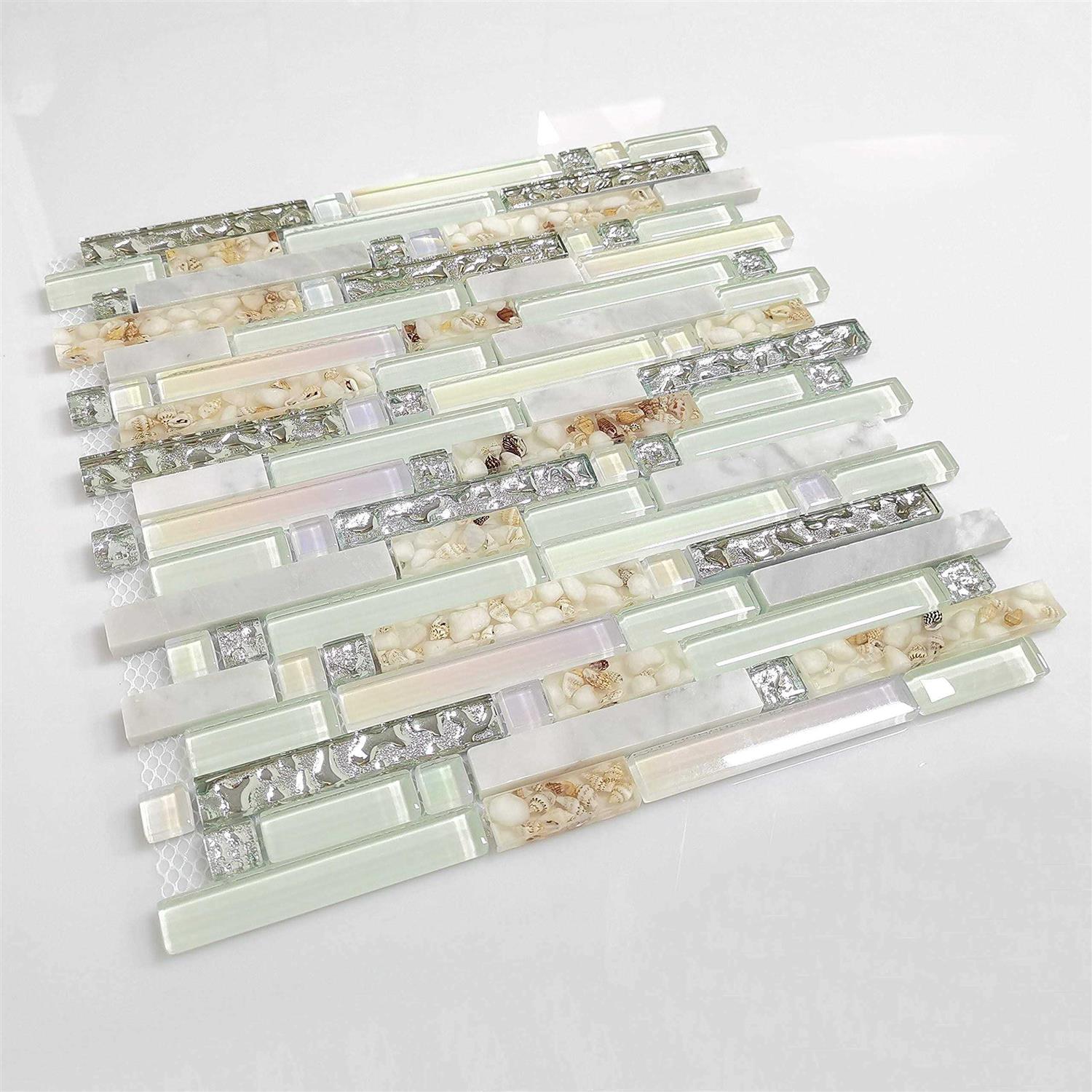Beach Style Wall Tile Mosaic Kitchen Backsplash Tiles Green Bathroom Silver Glass Conch Stone White Marble Iridescent Mosaic Art Deco Sheets - Image 4