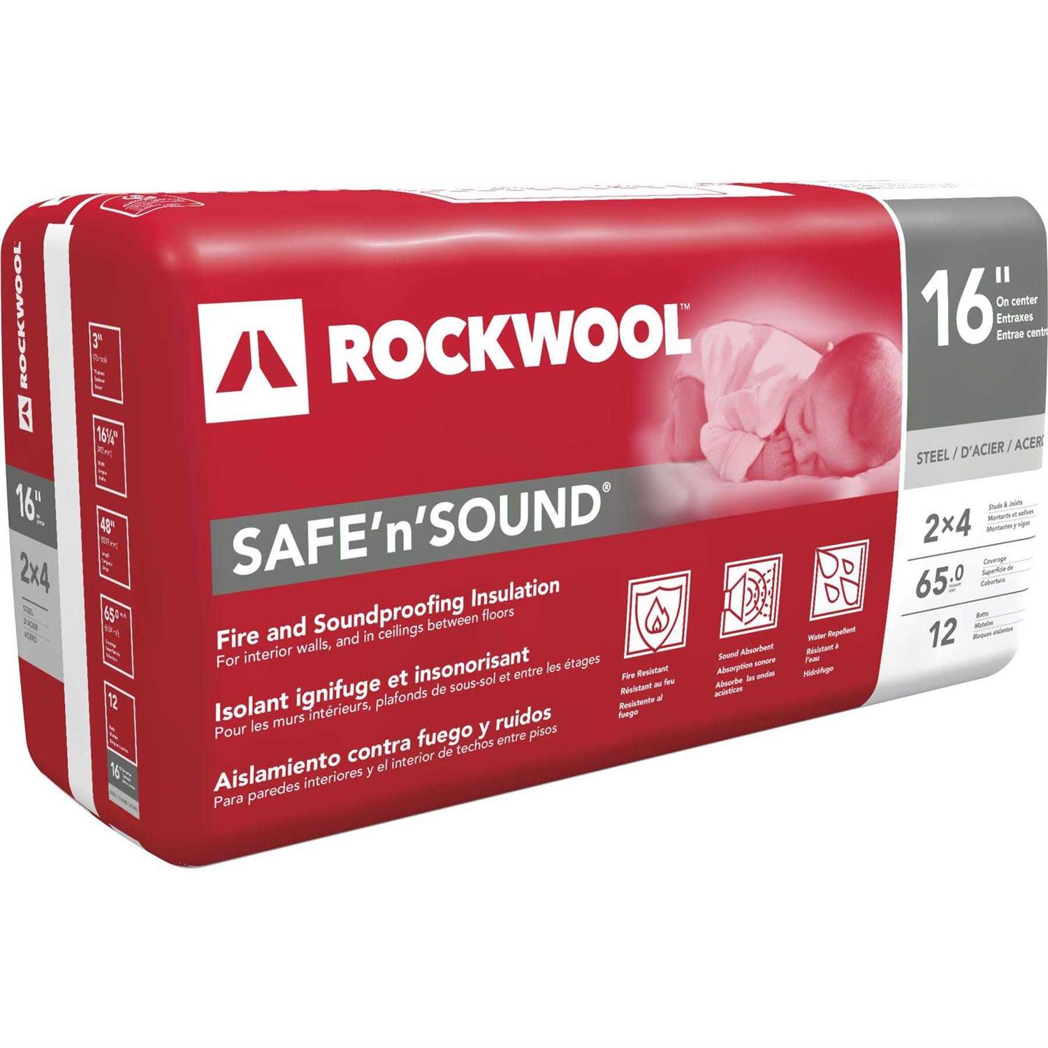 ROCKWOOL Safe 'n' Sound 3 in. x 16-1/4 in. x 47 in. Soundproofing and Fire Resistant Stone Wool Insulation Batt