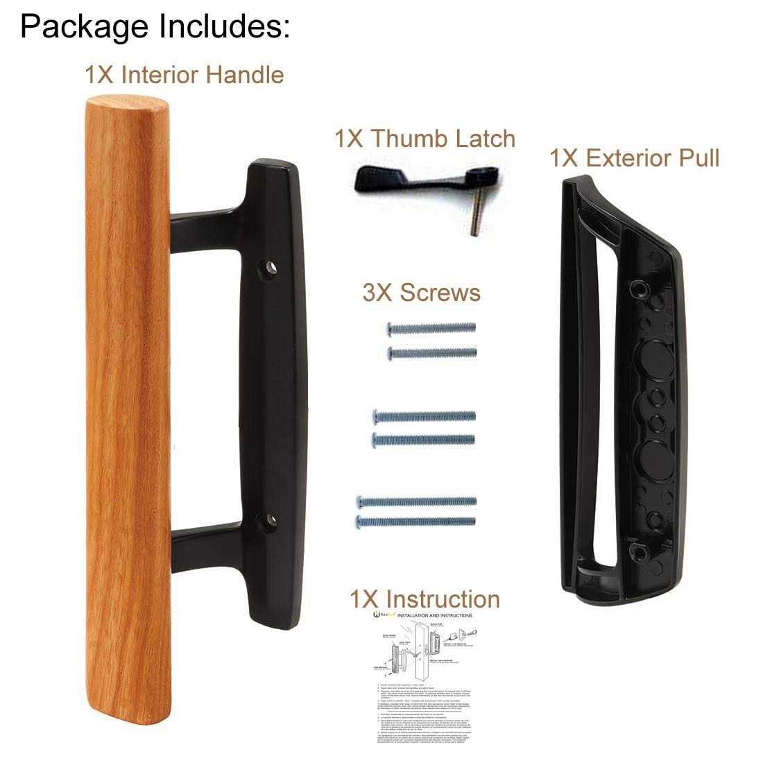 HauSun Mortise Style Reversible Sliding Patio Door Handle Set with Oak Wood Interior Handle and Exterior Pull in White Diecast Finish Fits 3-15/16” Screw - Image 2