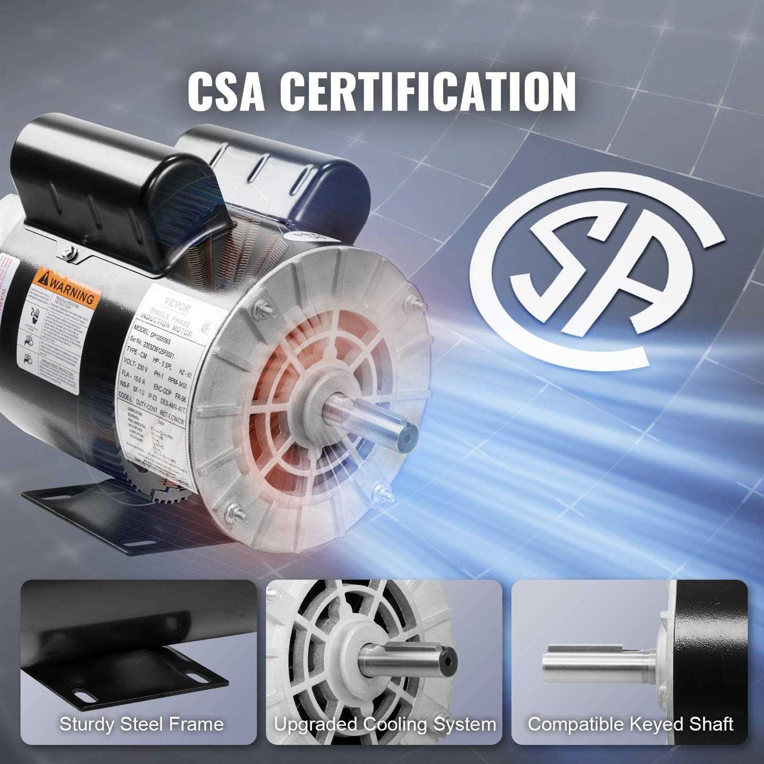 VEVOR 5HP SPL Air Compressor Electric Motor 230V 15.0Amps 56 Frame 3450RPM - Image 3
