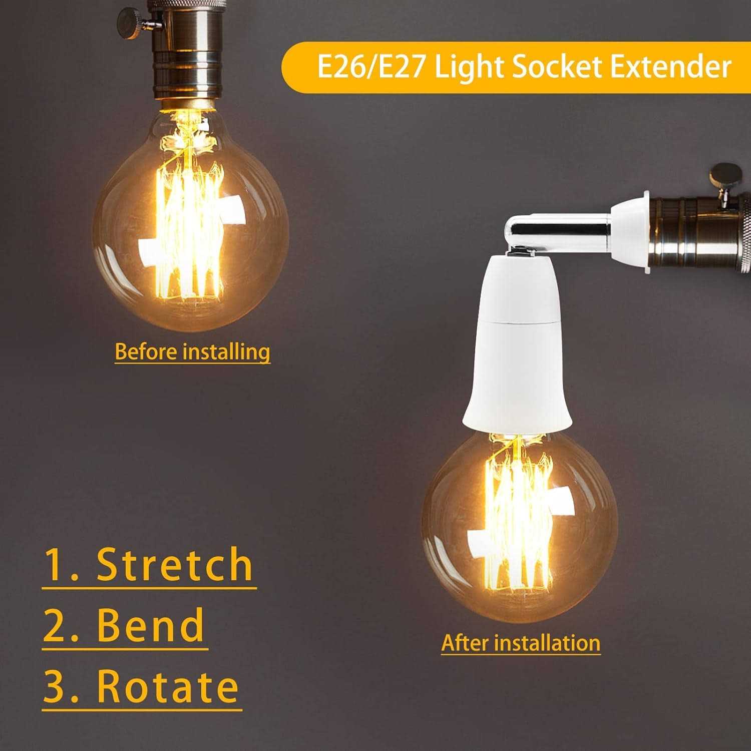 Tiqian E26/E27 Light Socket Extender 4.5 inch Extension,Adjustable Vertical 90°Horizontal 360° - Image 5