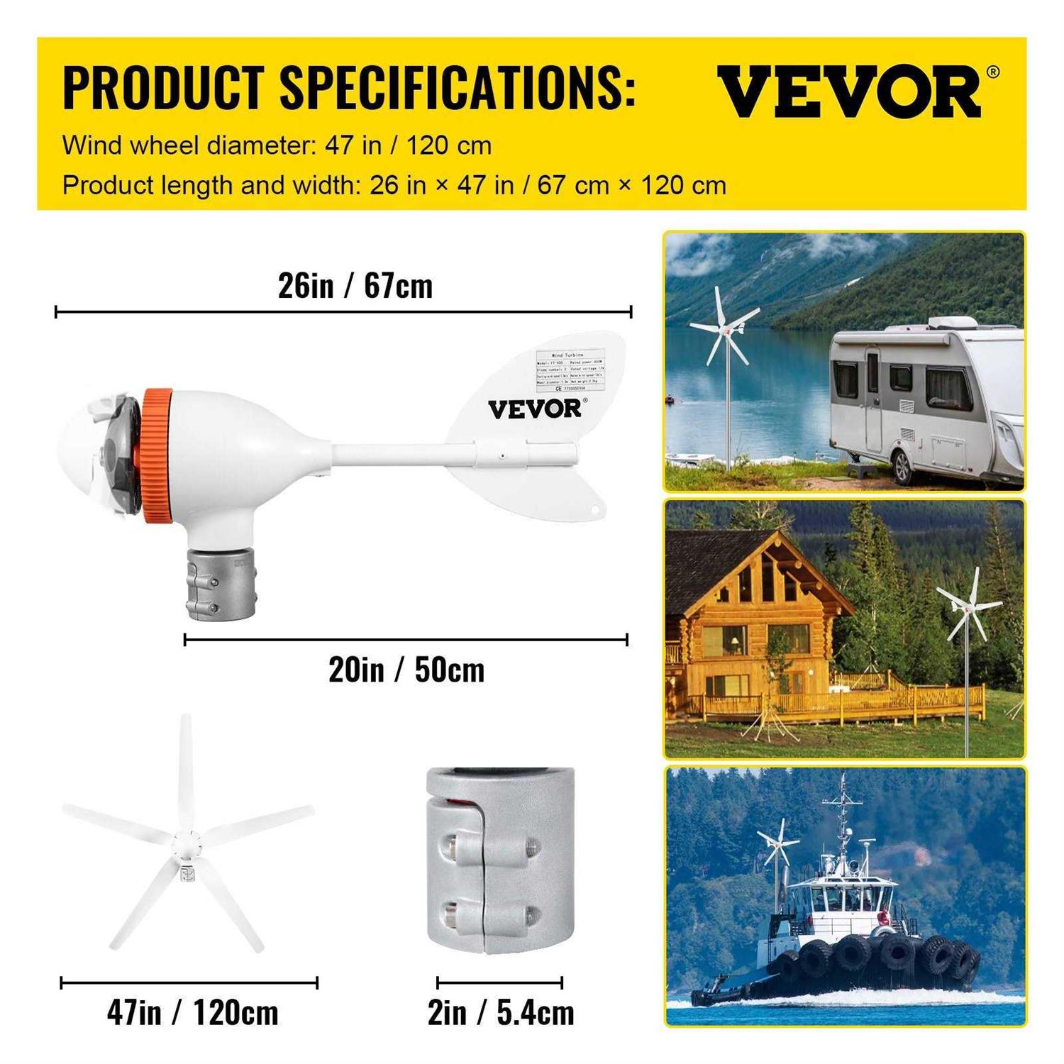 VEVOR Wind Turbine Generator 12V/AC Wind Turbine Kit 500W Wind Power Generator with MPPT Controller 5 Blades Auto Adjust Wind - Image 3