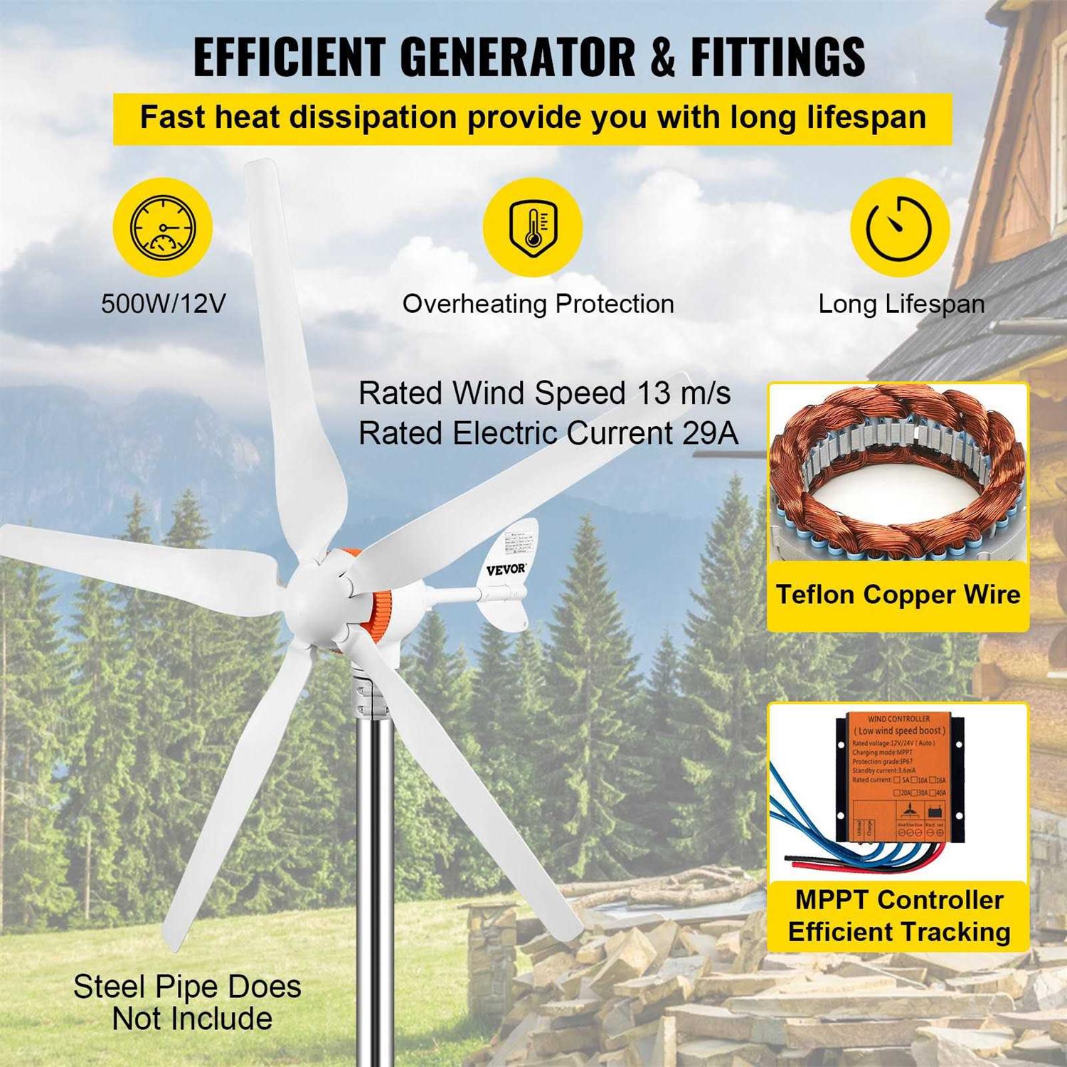 VEVOR Wind Turbine Generator 12V/AC Wind Turbine Kit 500W Wind Power Generator with MPPT Controller 5 Blades Auto Adjust Wind - Image 5