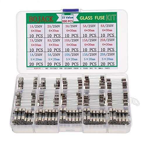 BOJACK 15 Values 200 pcs Fast-Blow Glass Fuses Assortment Kit 5x20mm 250V 1 5 10 15 20A 6x30mm 250V 1 2 3 5 6 7 8 10 15 20A amp packag in A Clear - Image 5