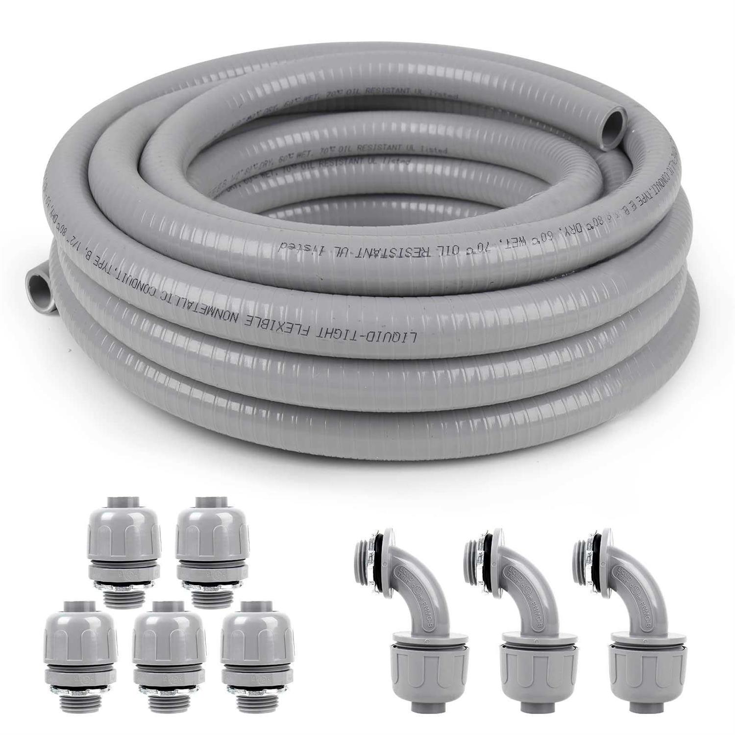 Elecoman Liquid-Tight Conduit and Connector Kit,Flexible Non Metallic Liquid Tight Electrical Conduit Kit with 5 Straight and 3 90