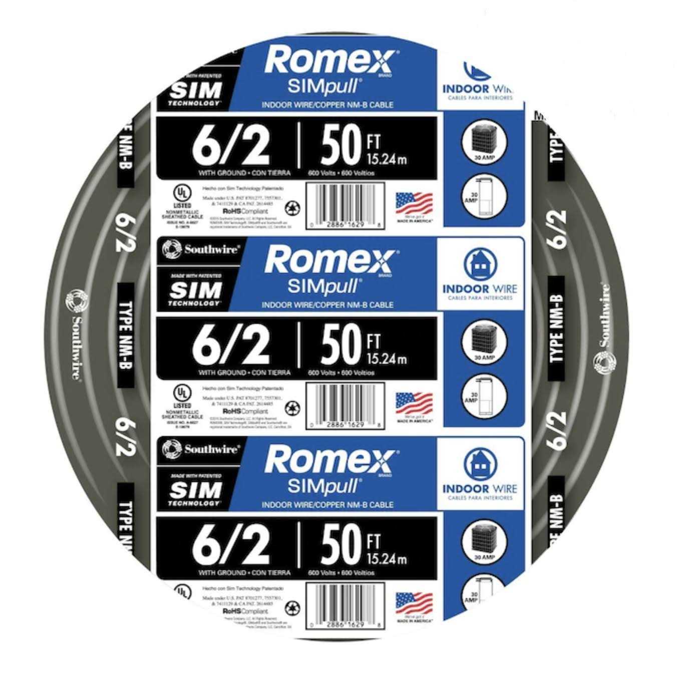 Southwire 50 ft. 6/2 Stranded Romex SIMpull CU NM-B W/G Wire