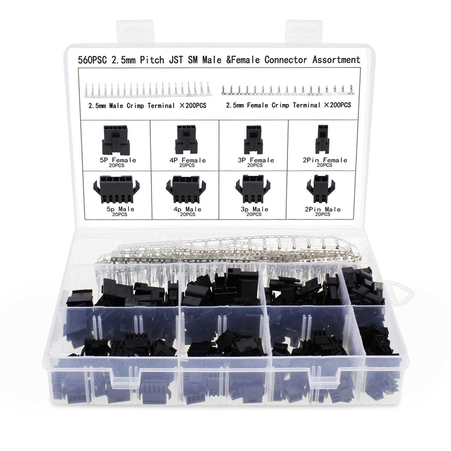 OCR 2.5mm Pitch JST SM Connector 2 3 4 5 Pin Male/ Female Housing Plug Connector Assortment Kit 560pcs