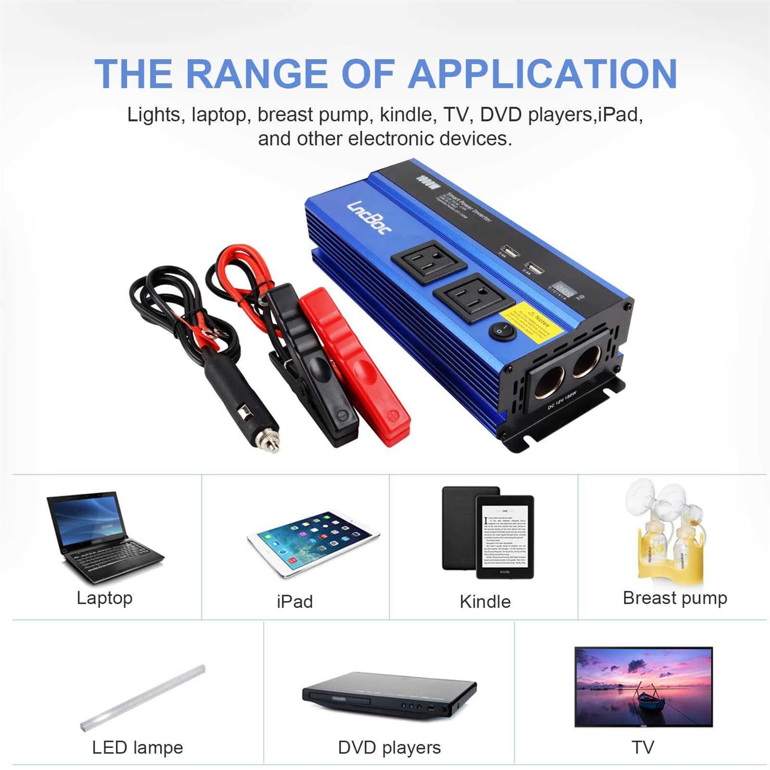 Lncboc 1000W Car Power Inverter DC 12V to 110V AC Converter, Modified Sine Wave Inverter with Dual AC Outlets and 2.4a Dual USB Ports Car Charger - Image 2