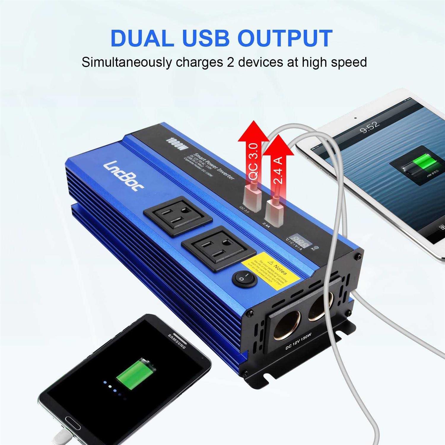 Lncboc 1000W Car Power Inverter DC 12V to 110V AC Converter, Modified Sine Wave Inverter with Dual AC Outlets and 2.4a Dual USB Ports Car Charger - Image 3