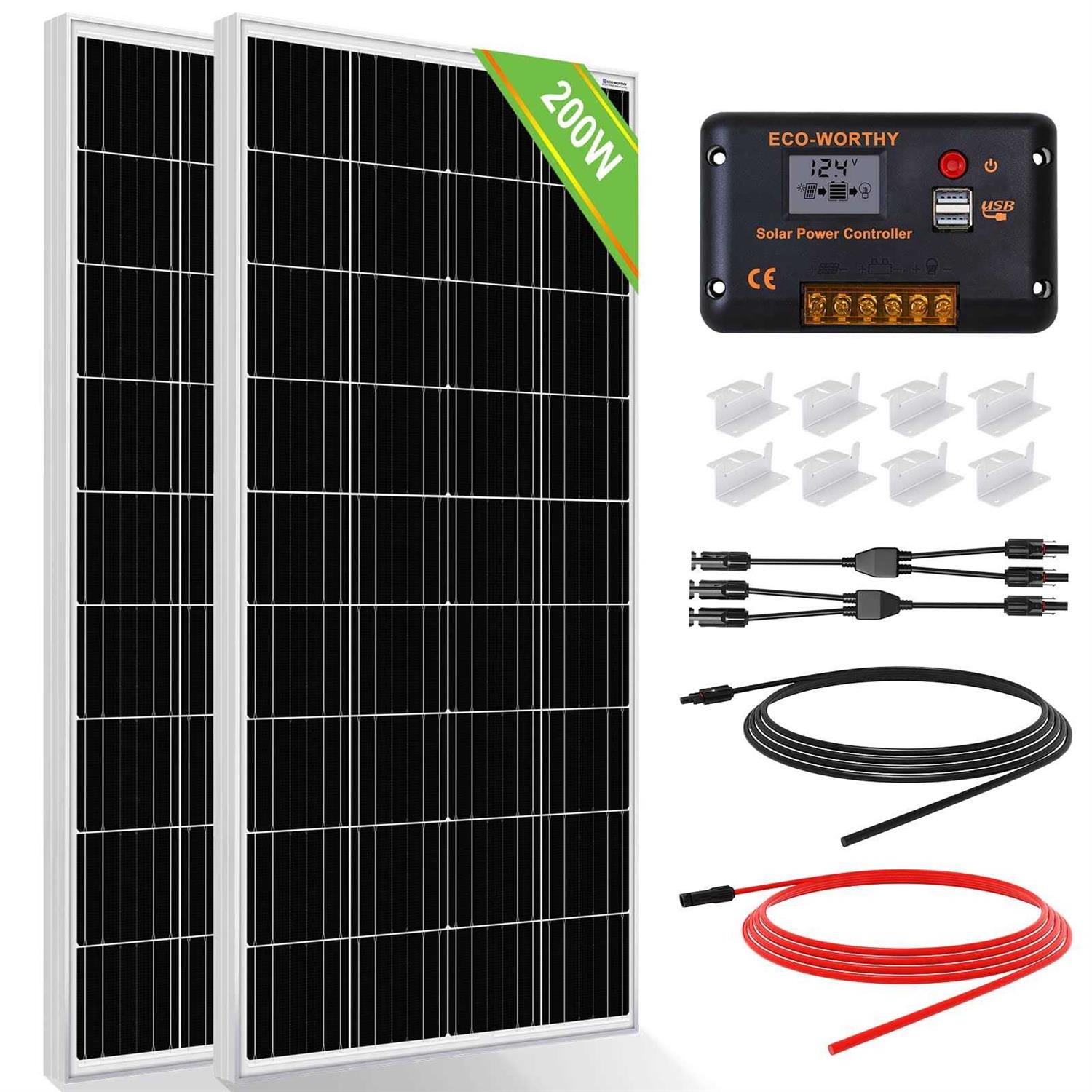 ECO-WORTHY 200 Watts 12 Volt/24 Volt Solar Panel Kit with High Efficiency Monocrystalline Solar Panel and 30A PWM Charge Controller for RV