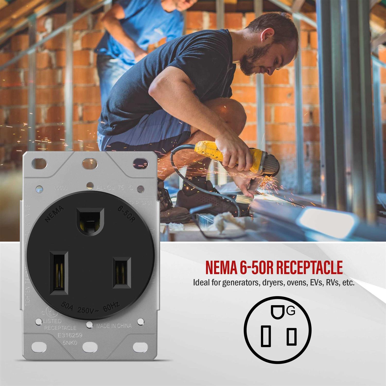 Enerlites 50 Amp 250V NEMA 6-50R Power Outlet, Heavy-Duty 50A Receptacle, for Welders, Plasma Cutters, Electric Ranges, Dryers, and More - Image 2
