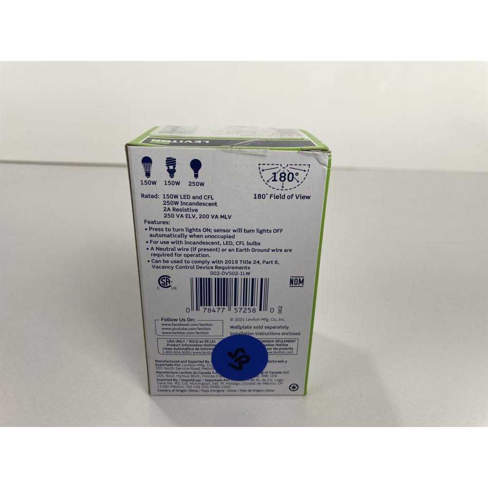 Leviton DVS02-1LW Decora Vacancy Motion Sensor In-Wall Switch - Image 5