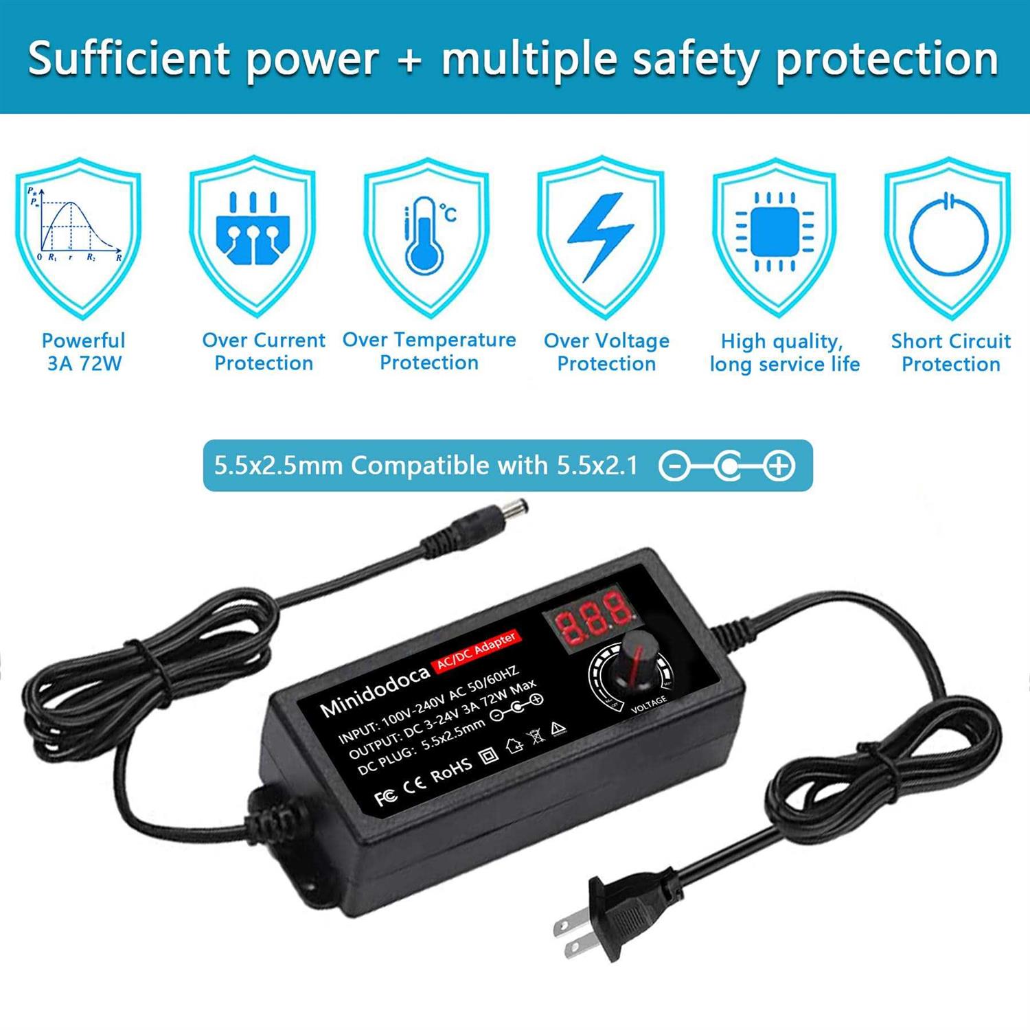 72W Power Supply Adjustable DC 3V ~ 24V Variable Universal Switching AC/DC Adapter Minidodoca AC to DC Converter with LED Voltage Display and 16 - Image 3