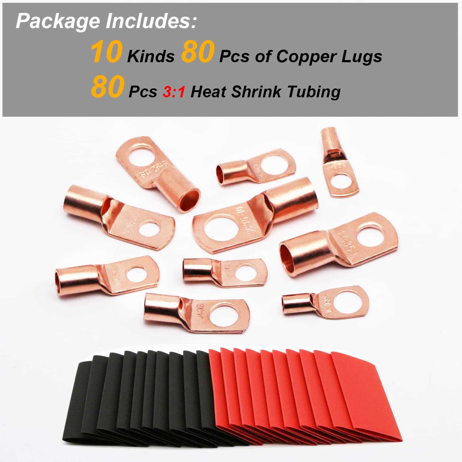 Tkdmr 160pcs Copper Wire Lugs Awg2 4 6 8 10 12 with Heat Shrink Set - Image 5