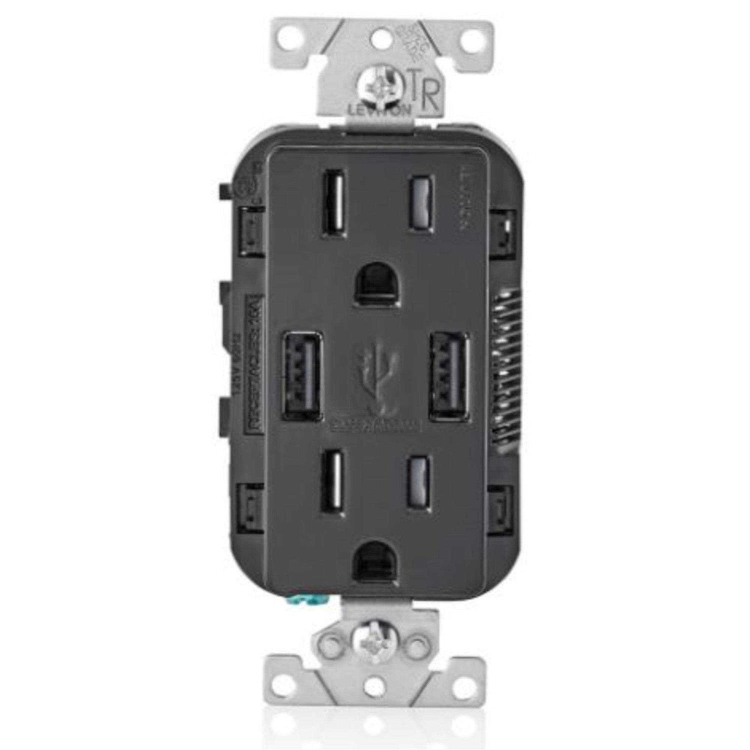 Leviton 15 amps 125V Decora 5-15R Duplex Outlet & USB Charger Black
