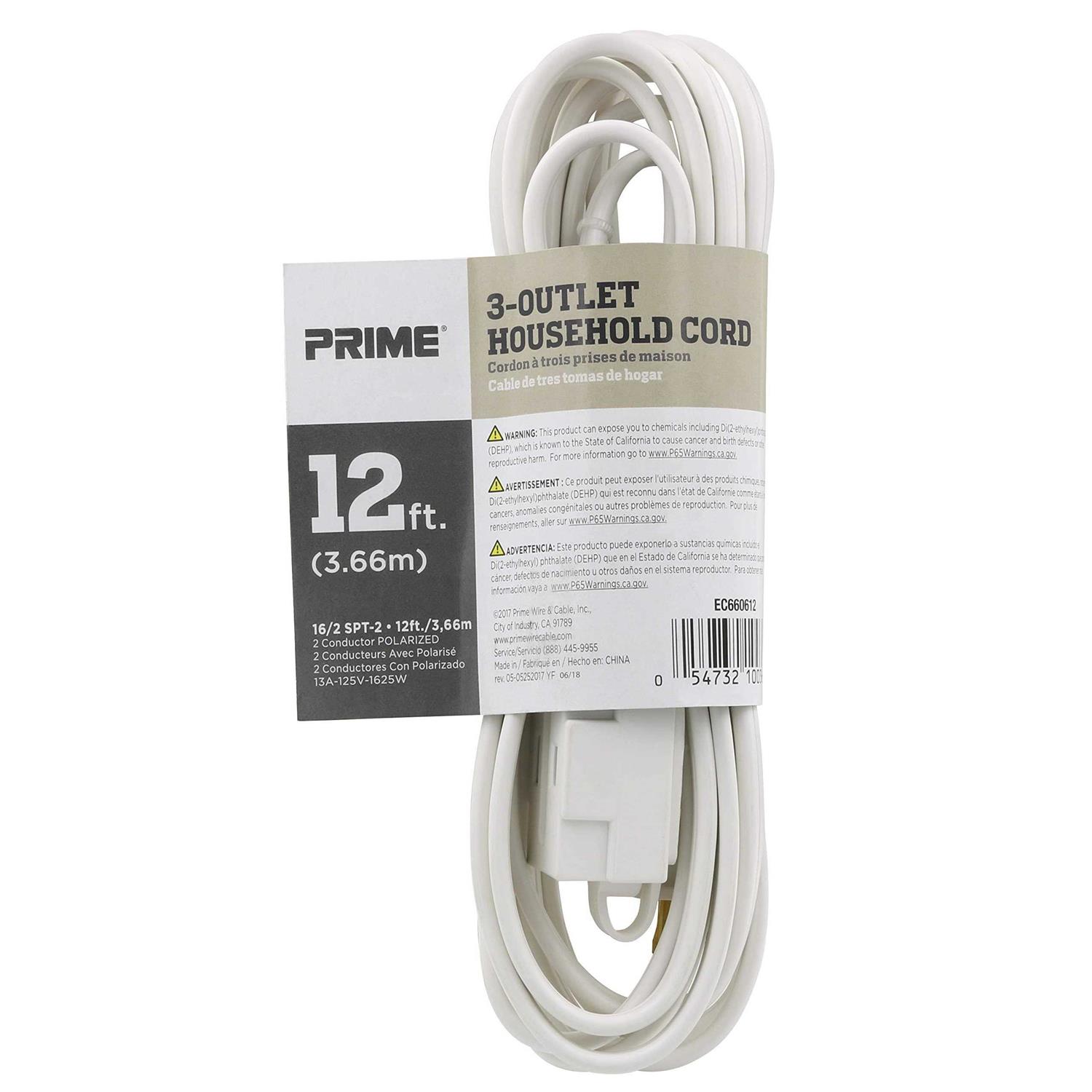 Prime EC660612 12 ft. 16 02 15 Spt-2 White 3-Outlet Household Extension Cord - Image 5
