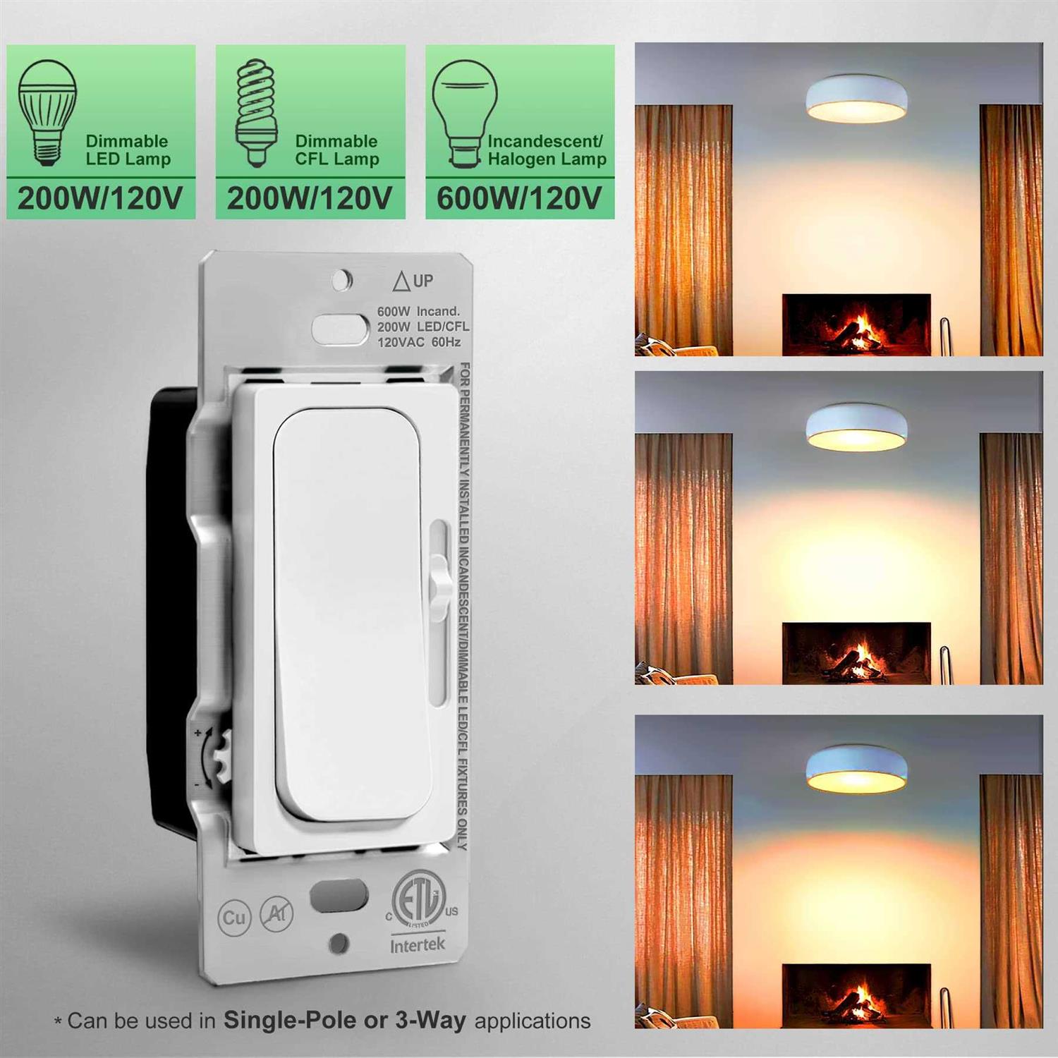 UNIELE Digital Slim Slide Dimmer Light Switch Single-Pole/3 Way for 200W Dimmable LED/CFL Lights and 600W Incandescent/Halogen - Image 5