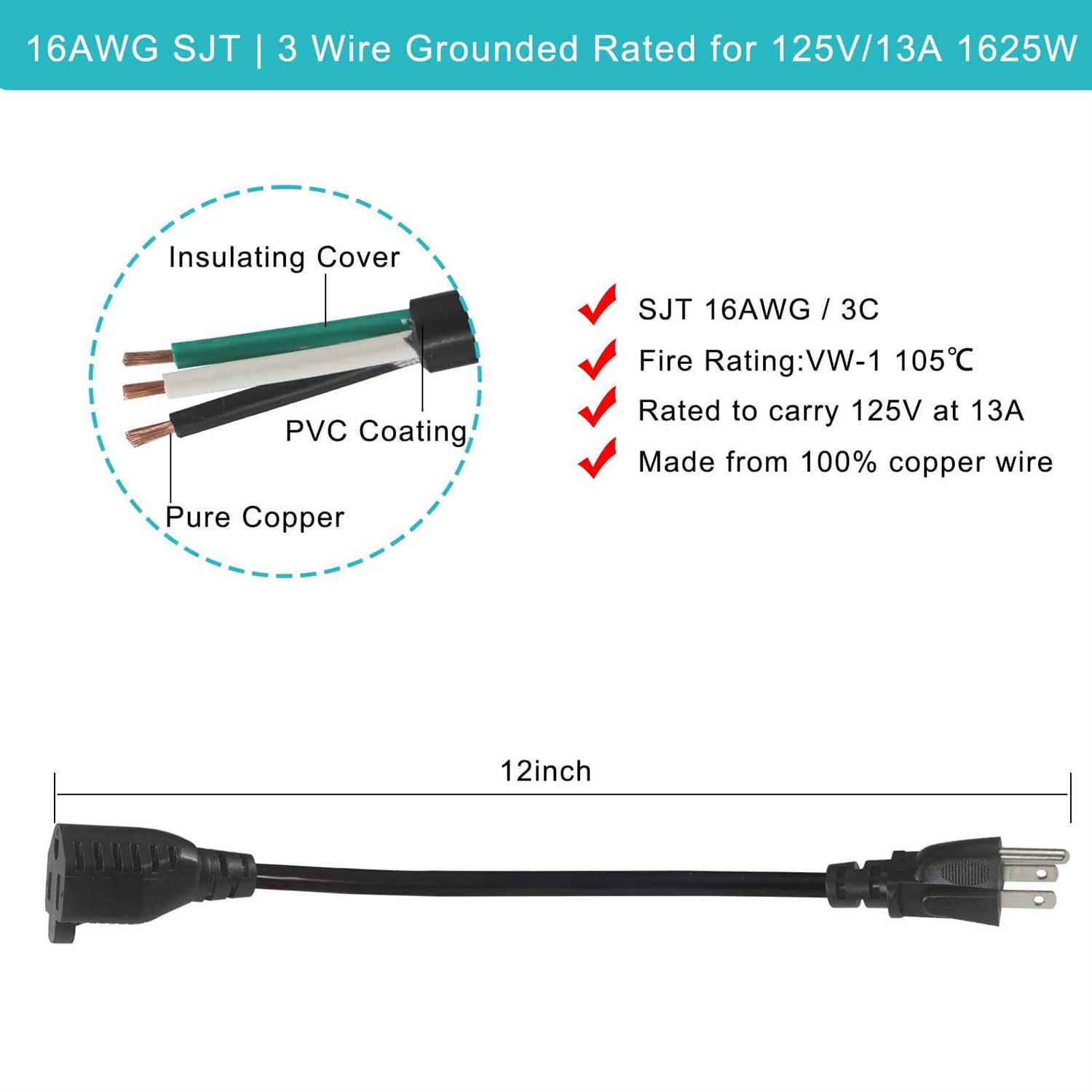 Sparking 1Ft Short Power Extension Cord 1Ft Short 3 Prong Extension Cord Outlet Saver Indoor Sjt 16 Awg Heavy Duty 1 Foot Ac Power Exte - Image 2