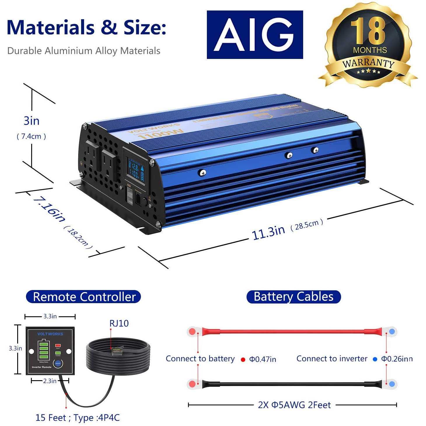 VOLTWORKS Power Inverter 1100 watt DC 12V to AC 120V Modified Sine Wave 1000w Inverter with LCD Display Remote Control 2AC Outlets Dual 2.4A USB Ports for Car - Image 3