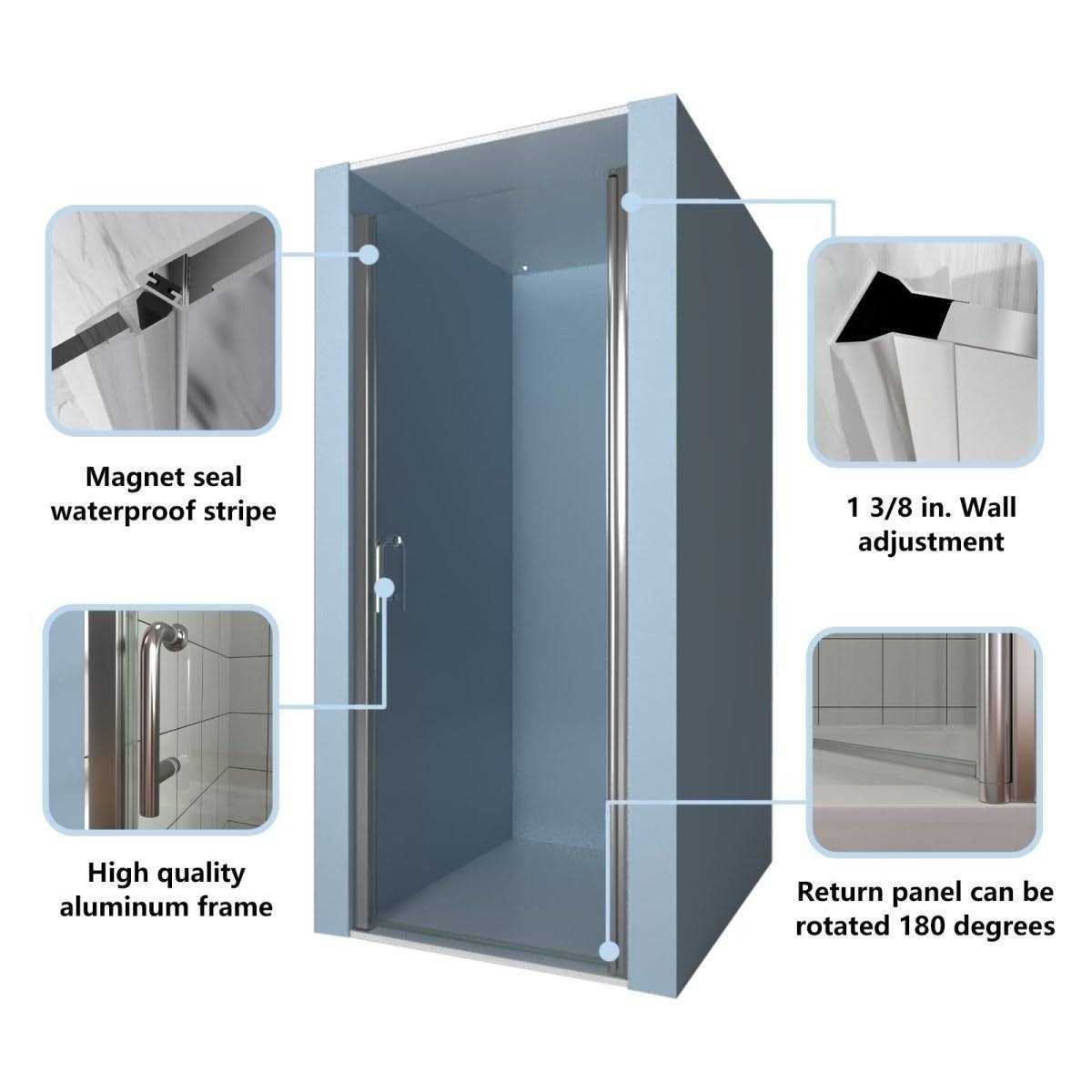 Exbrite Classy 24-25.5 W x 72 H Small Shower Door Hinged Pivot Install Clear Glass Shower Door - Image 5