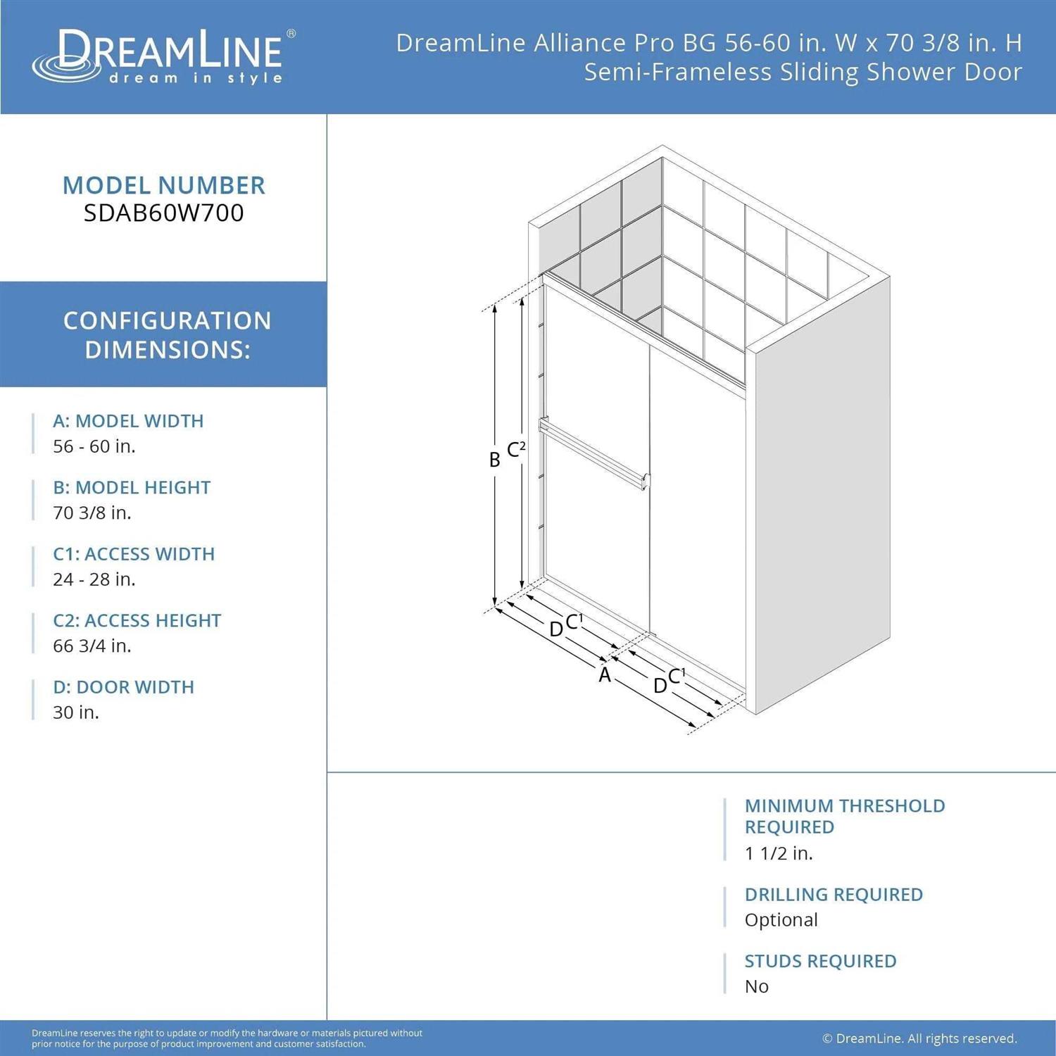 DreamLine Alliance Pro BG 56-60 in. W x 70 3/8 in. H Semi-Frameless Sliding Shower Door SDAB60W700VXX09 - Image 3