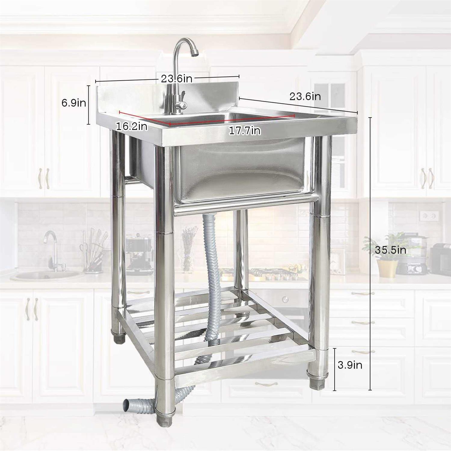 Outdoor Garden Sink Single Trough, Stainless Steel Utility Commercial Kitchen Sink with Storage Shelve and Faucet - Image 4