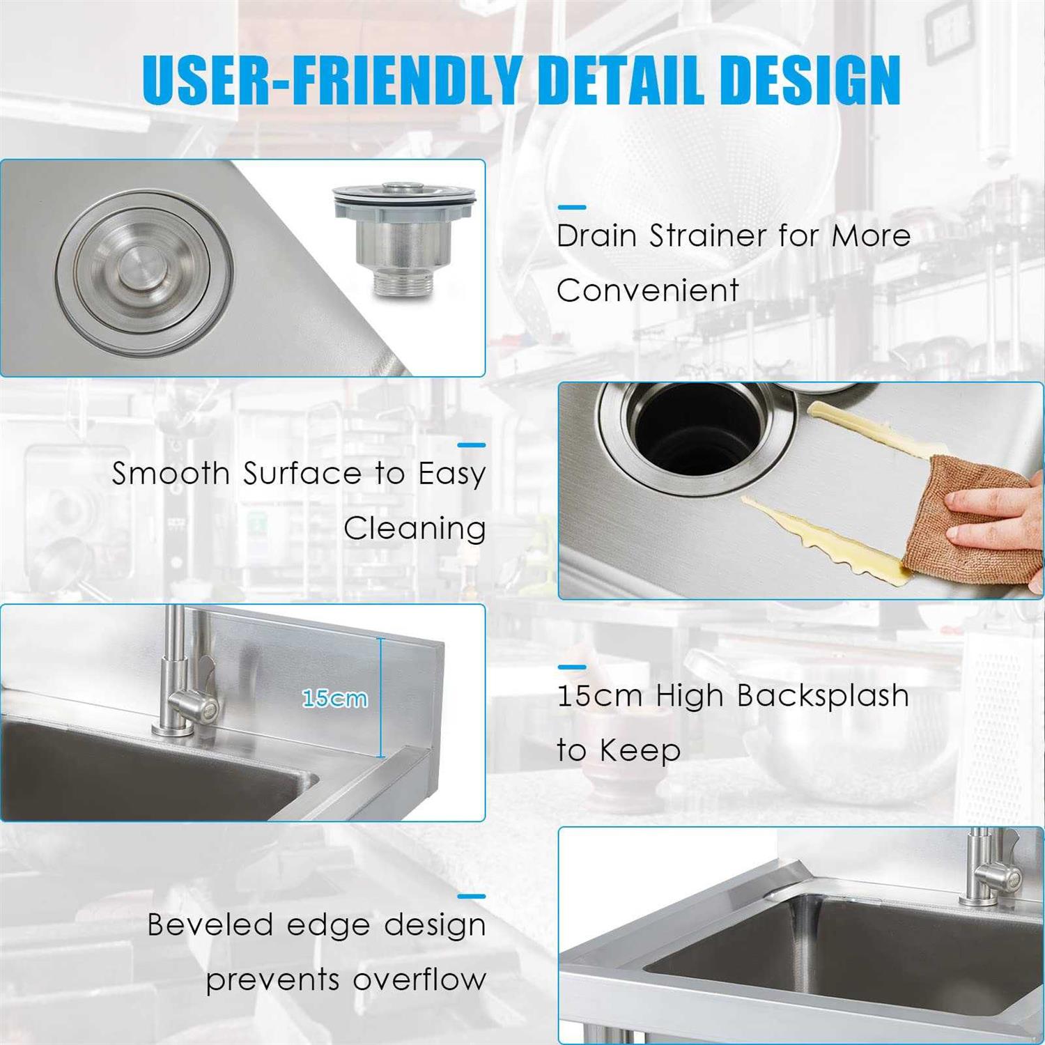 Outdoor Garden Sink Single Trough, Stainless Steel Utility Commercial Kitchen Sink with Storage Shelve and Faucet - Image 5