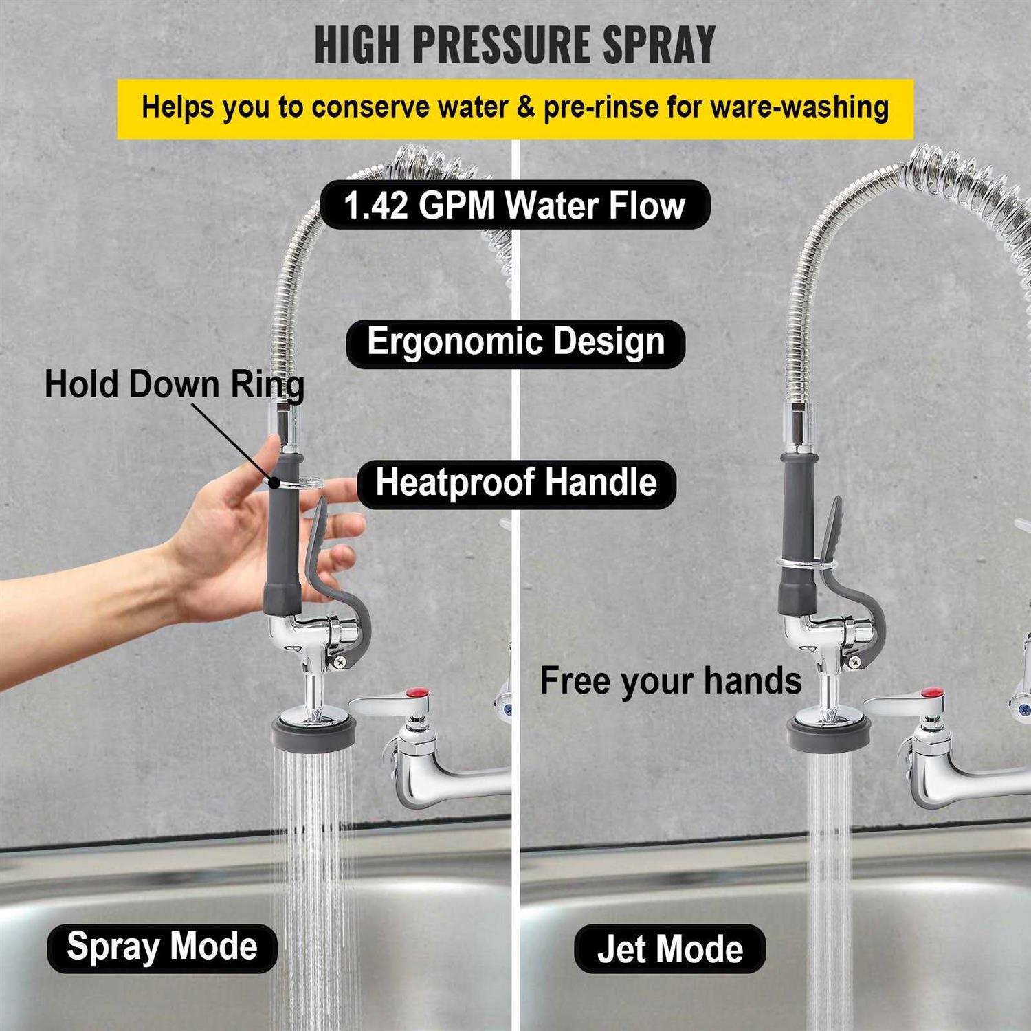 VEVOR Commercial Faucet Pre-Rinse with Sprayer 8 Adjustable Center Wall Mount Kitchen Faucet with 12 Swivel Spout QSYCKJJH83612AE8KV0 - Image 3