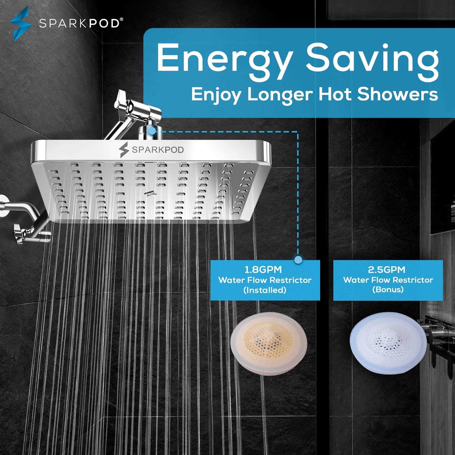 SparkPod High Pressure Rain Shower Head Luxury Polished Chrome - Image 4